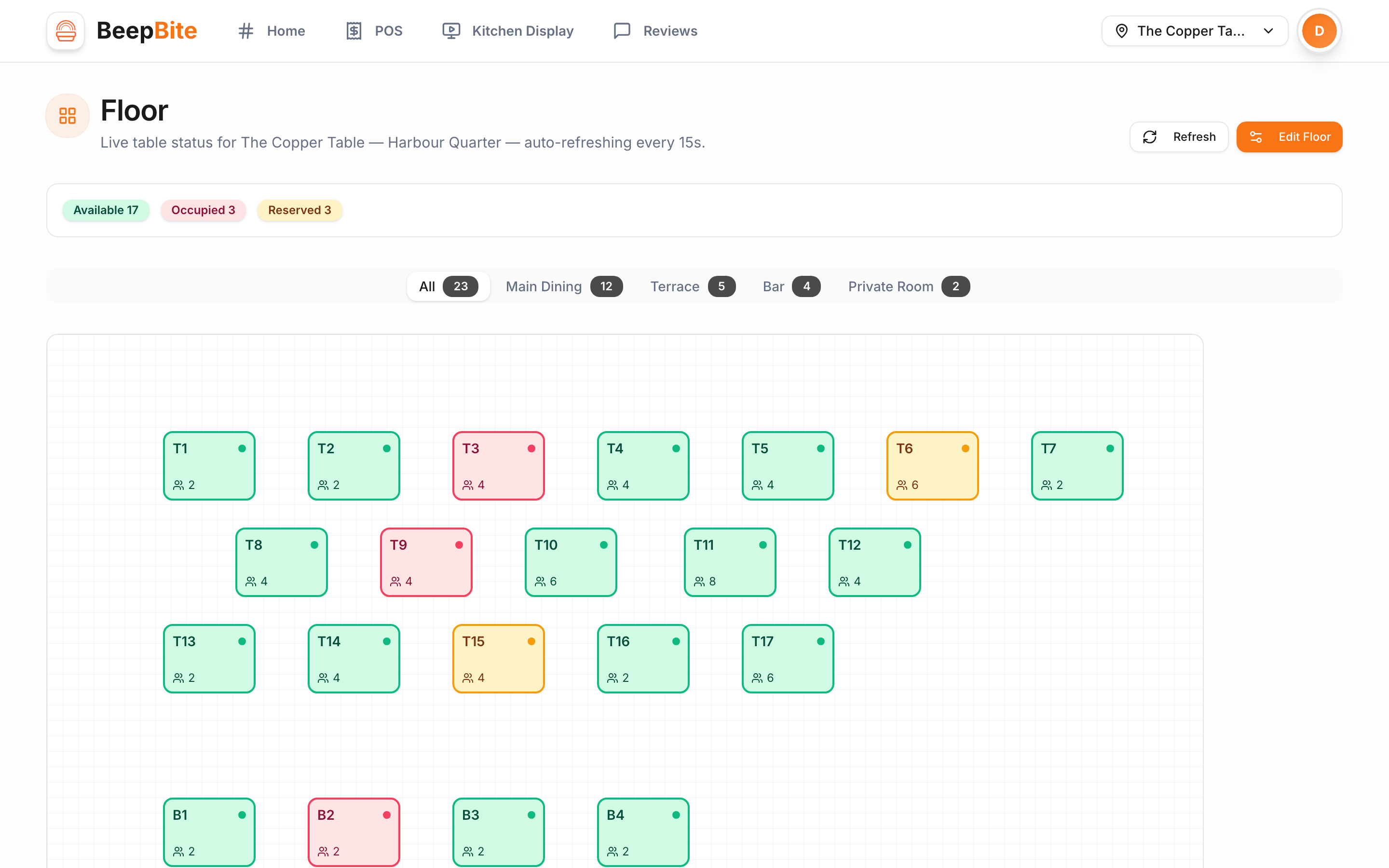 BeepBite floor plan — live table status, auto-refreshing every 15s