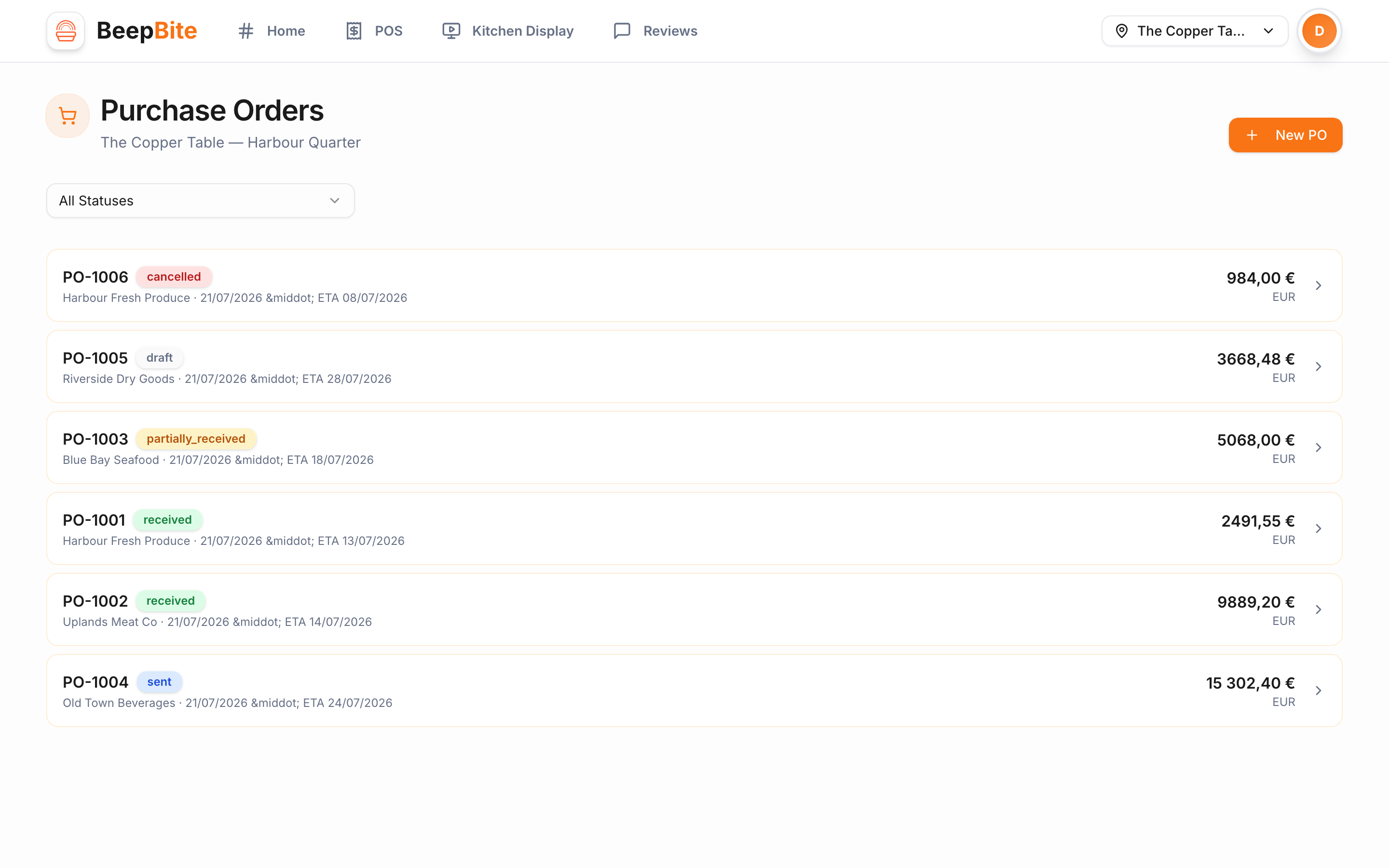 BeepBite inventory — purchase orders by supplier and status