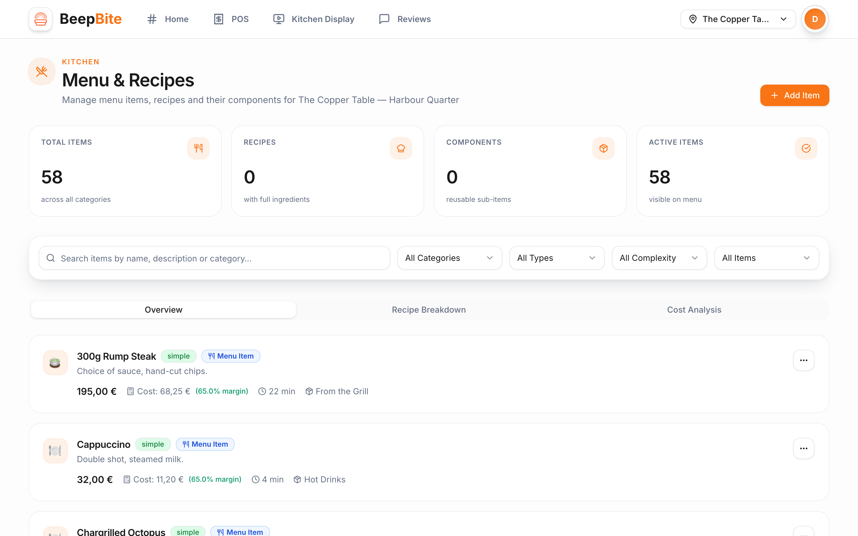 BeepBite menu management — items, cost and margin per dish