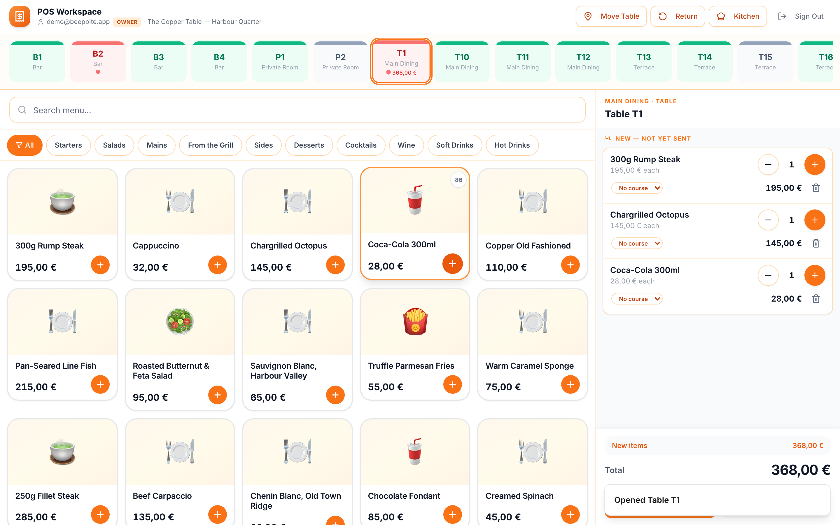BeepBite POS till — table bar, menu grid, and a running cart