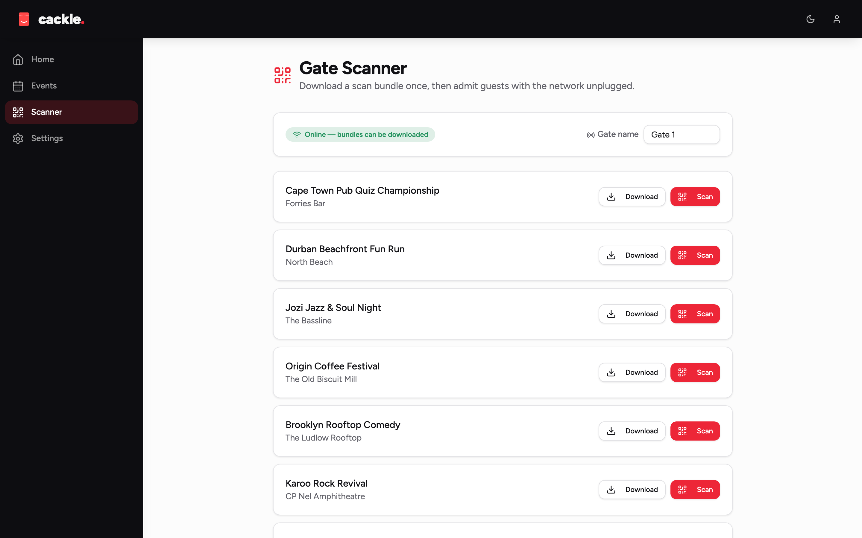 Cackle gate scanner screen showing a QR scan result