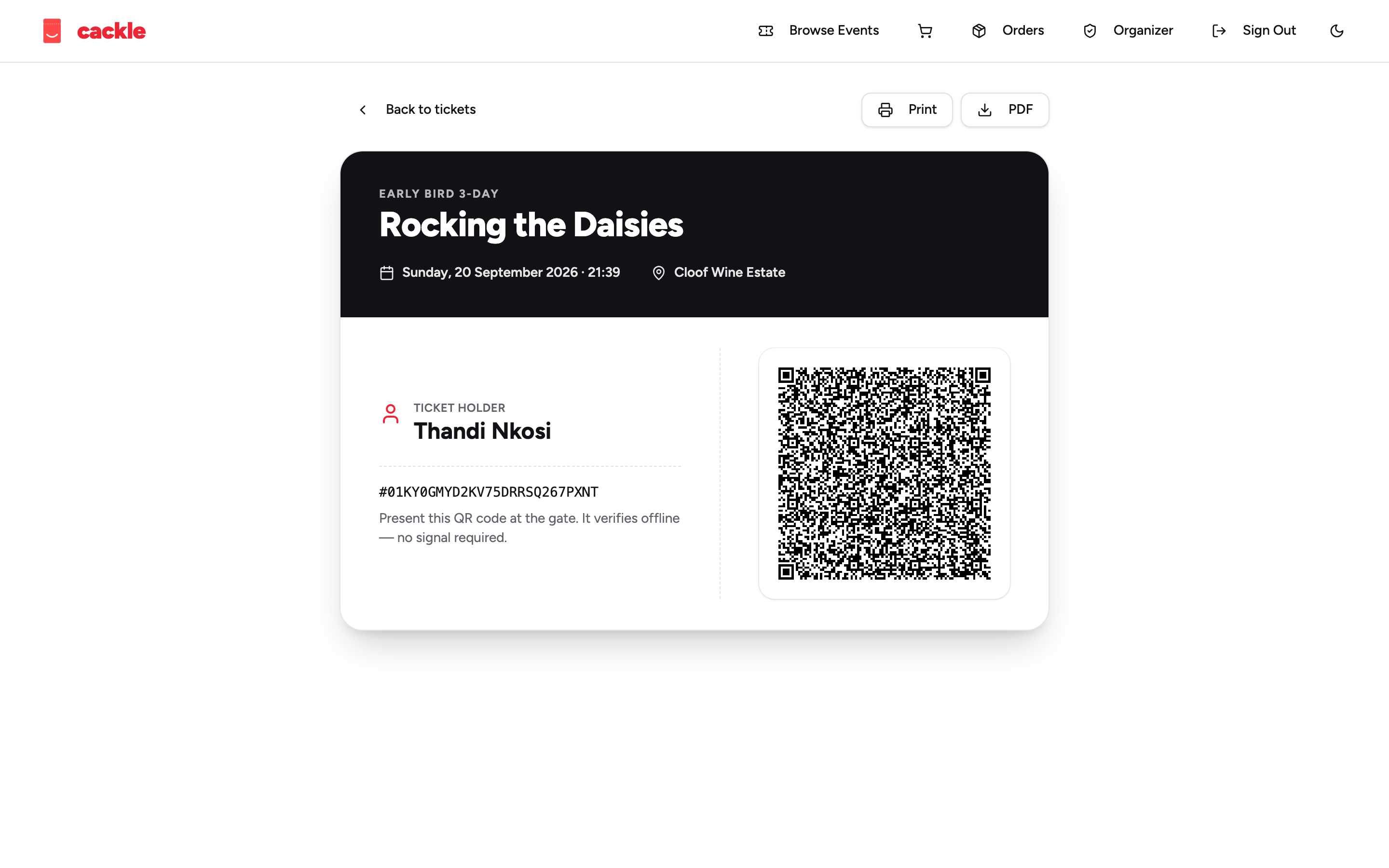 Cackle attendee ticket with QR code