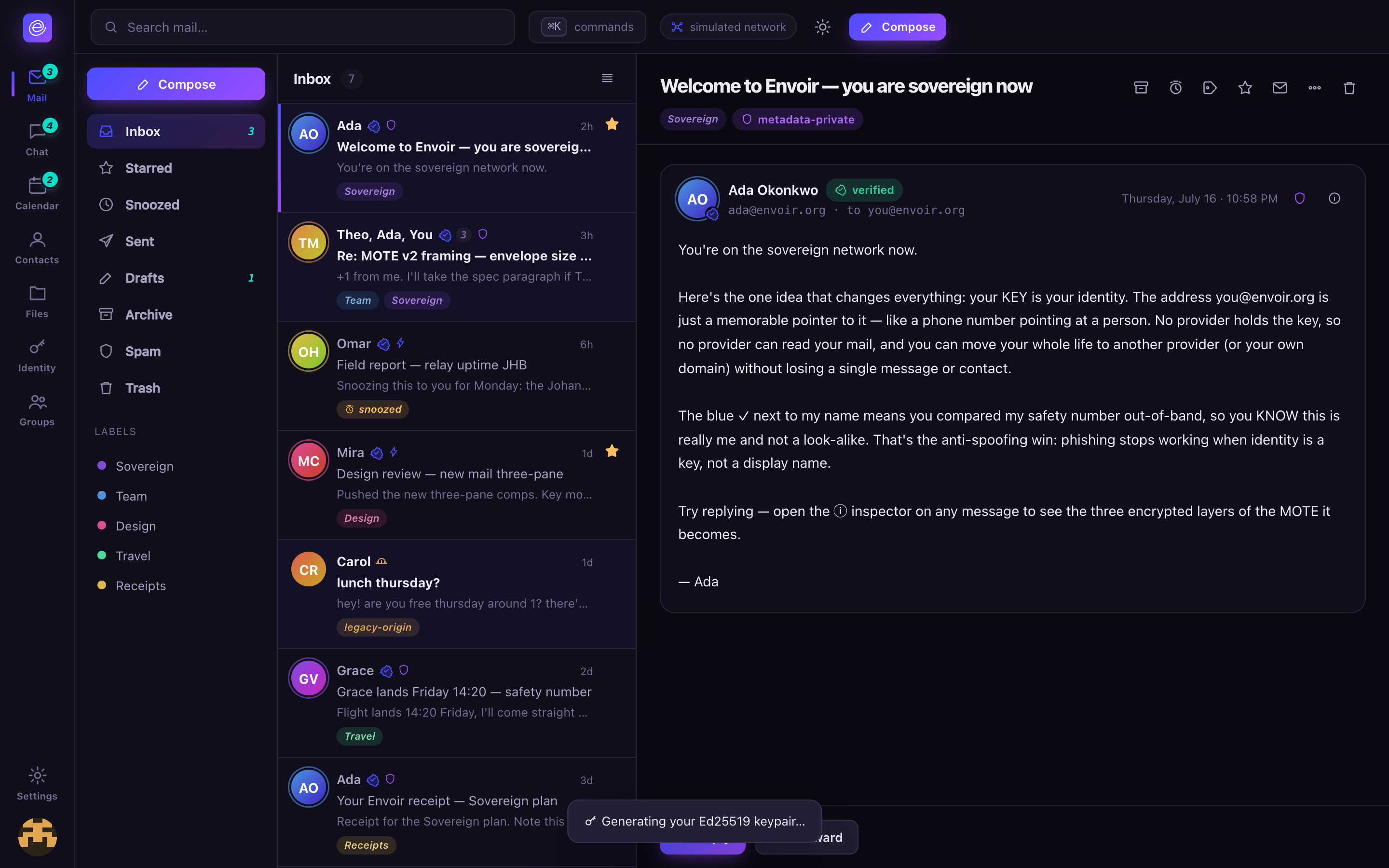 Envoir Mail — three-pane inbox, dark theme