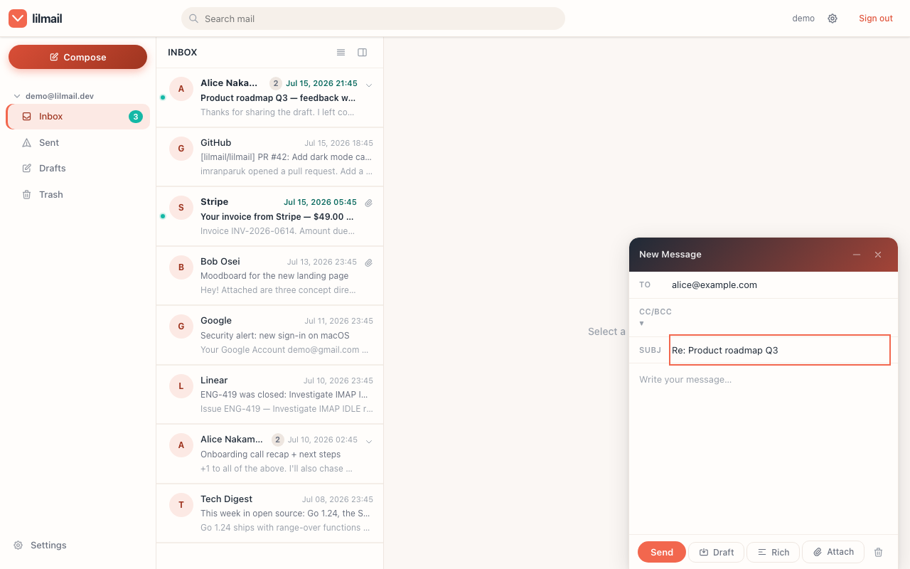 lilmail compose modal with TO/CC/BCC, attachments and scheduled send