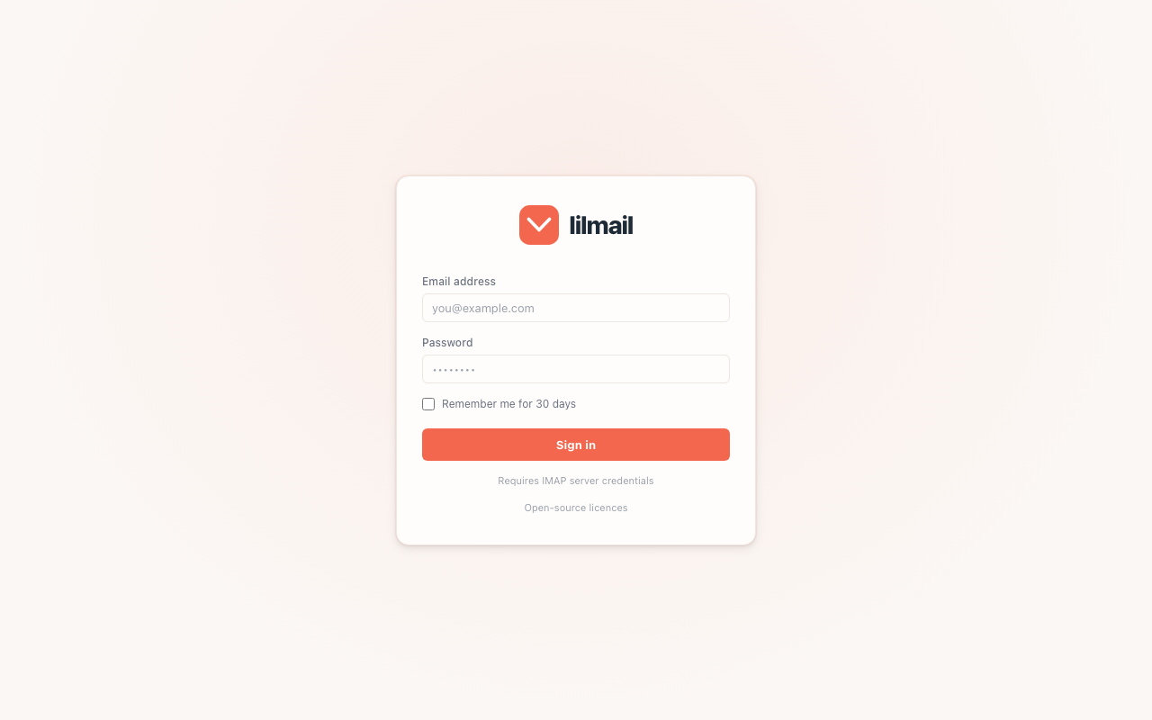 lilmail sign-in — password or OAuth2, connect the mailbox you already own