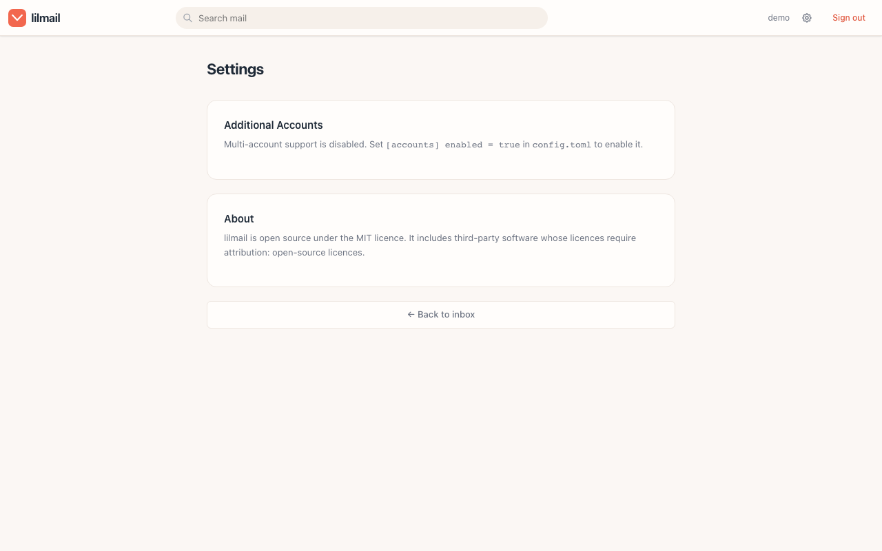 lilmail settings page — multi-account, notifications and licences