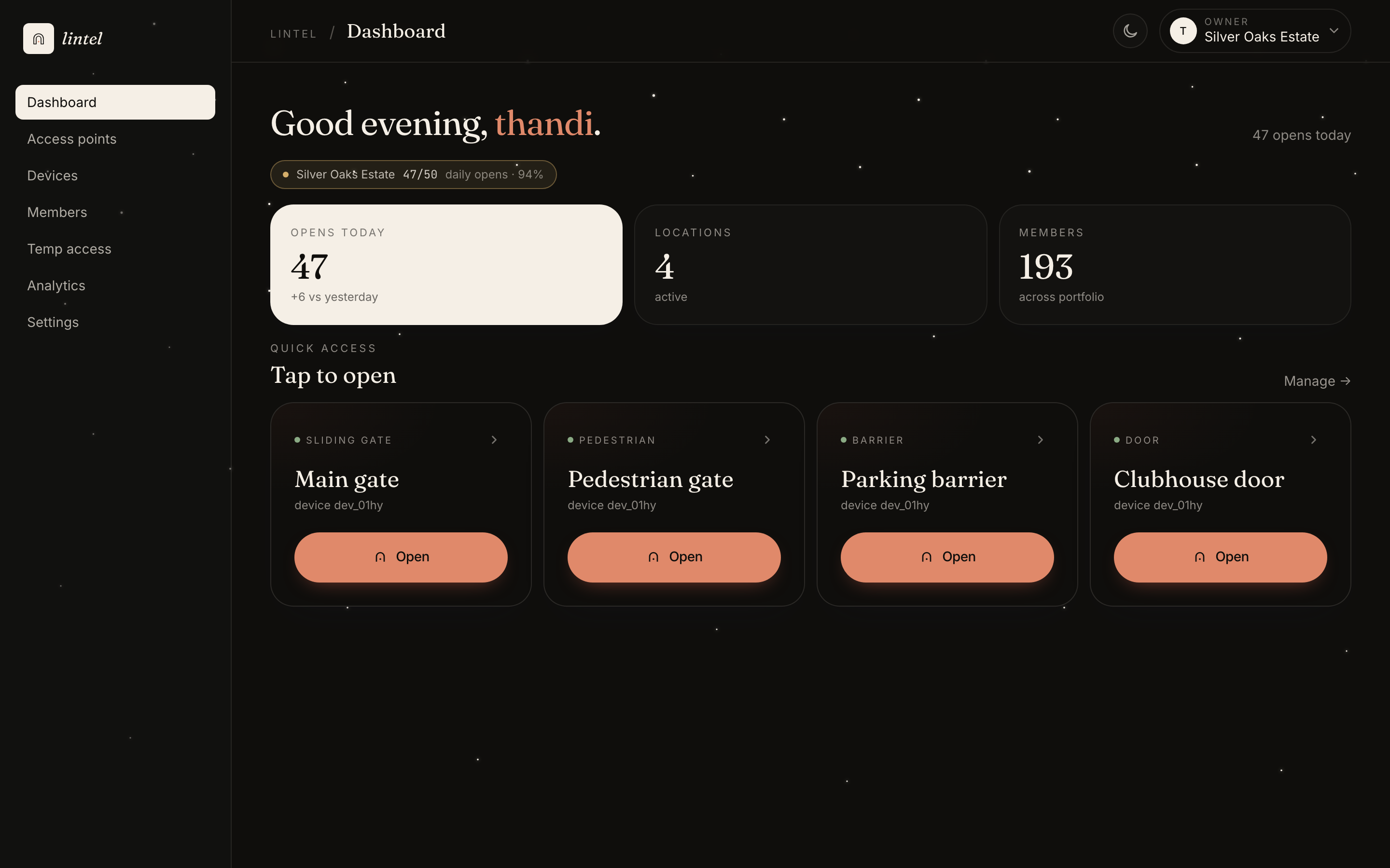 lintel portal dashboard, dark theme