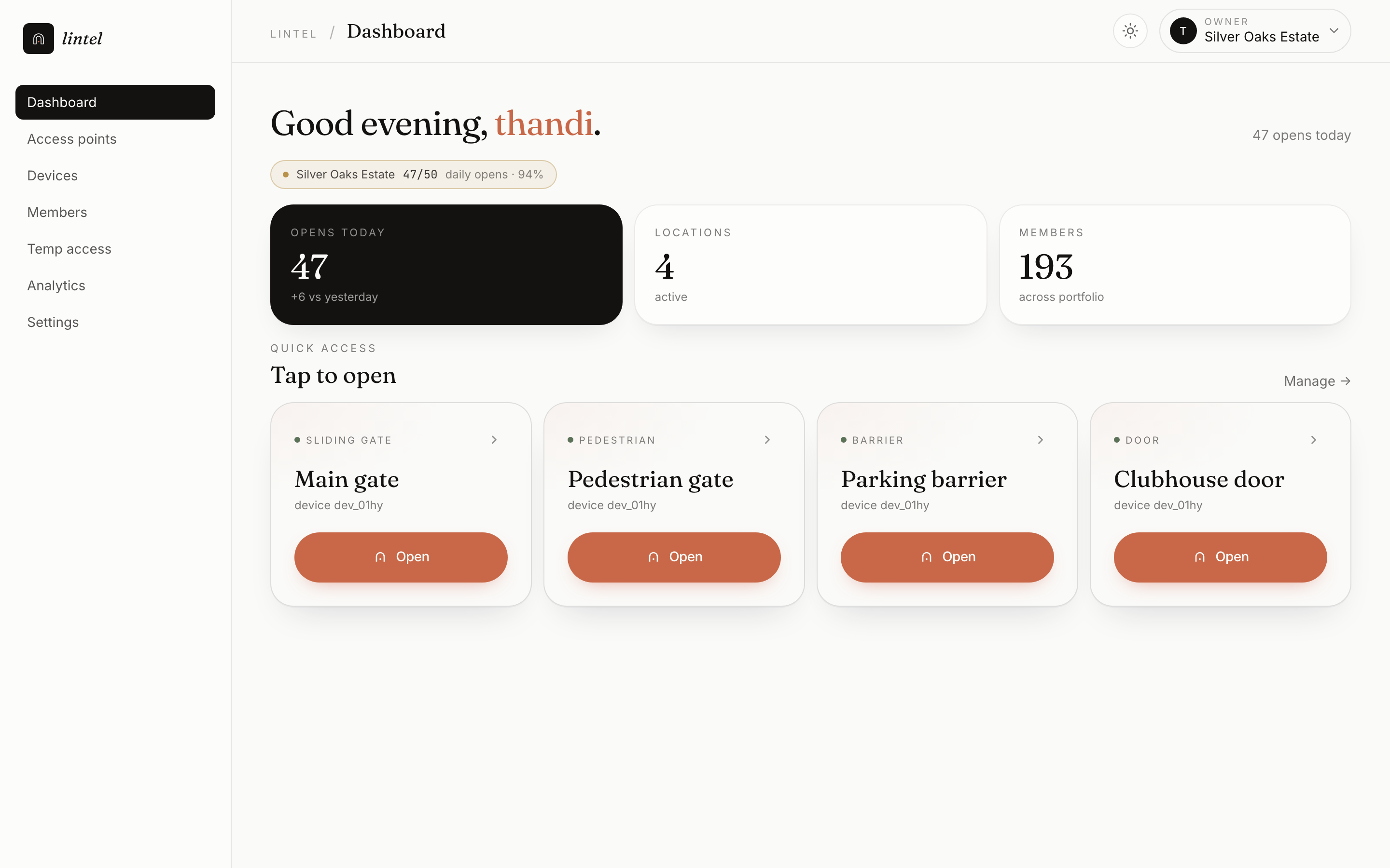 lintel portal dashboard — locations, live activity and controllers