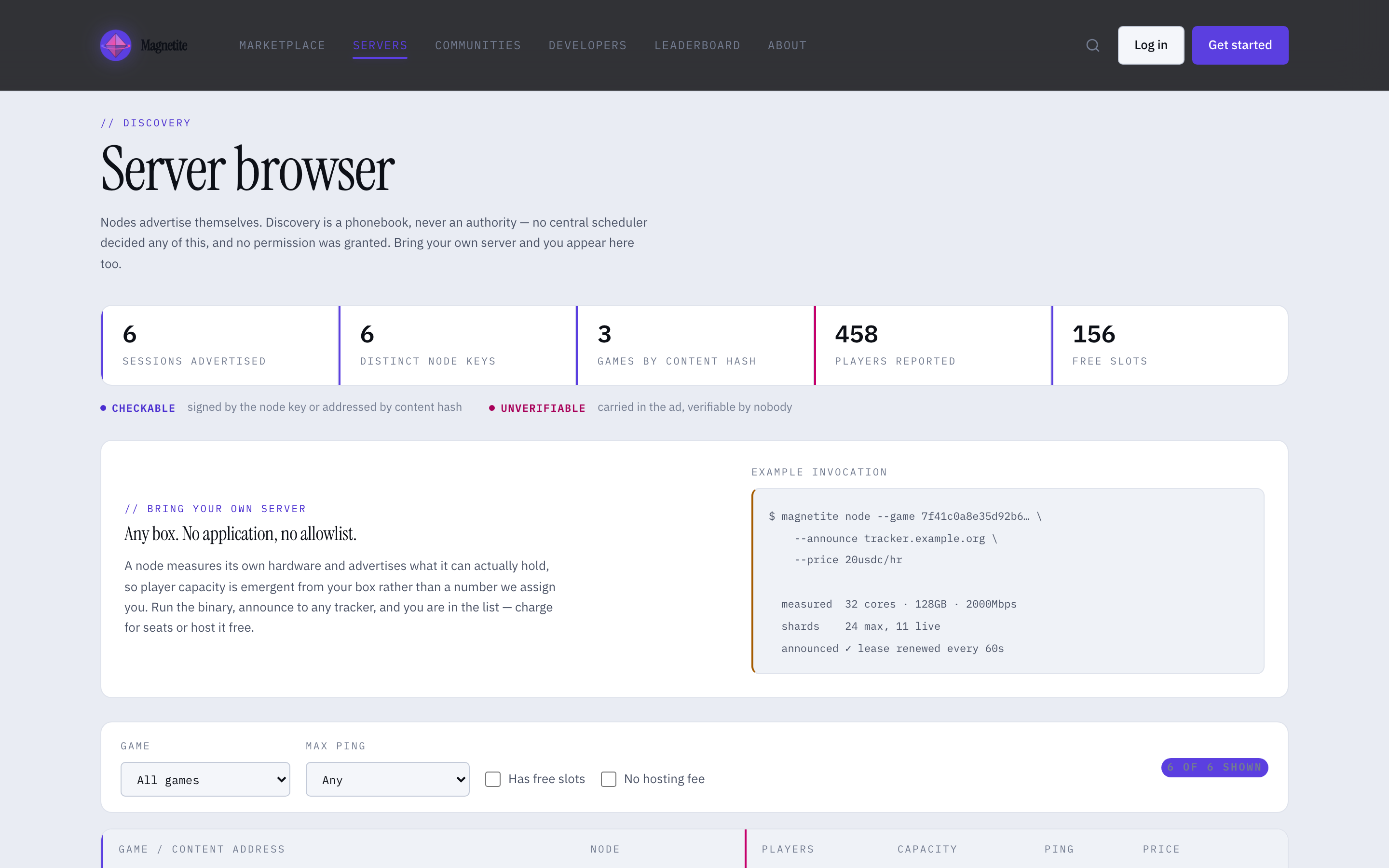magnetite server browser listing discovered nodes with content addresses, self-declared capacity, ping and hosting price