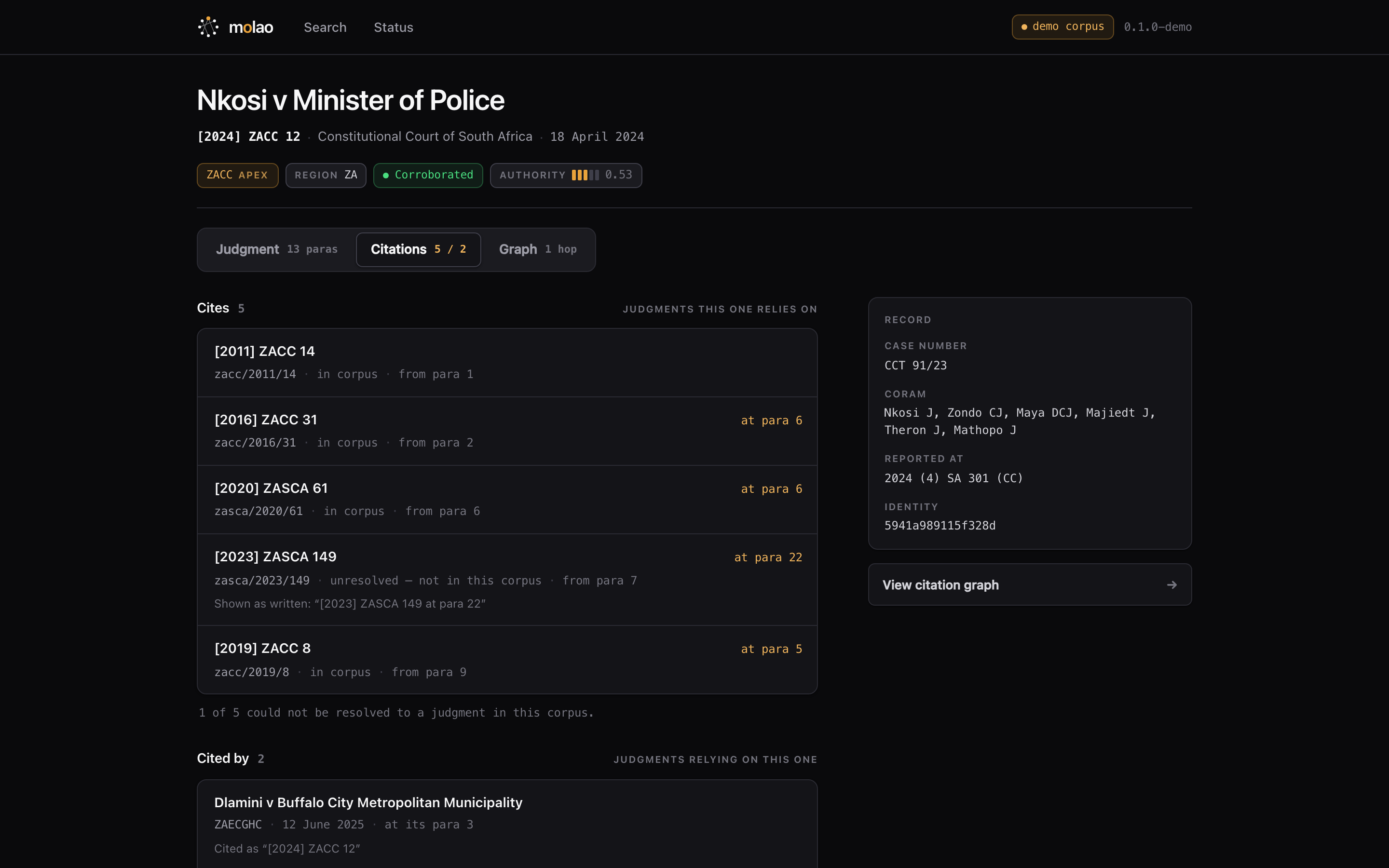 Molao citations panel showing outbound and inbound citations with the citing paragraph and the pinpoint cited to, including unresolved citations shown as written