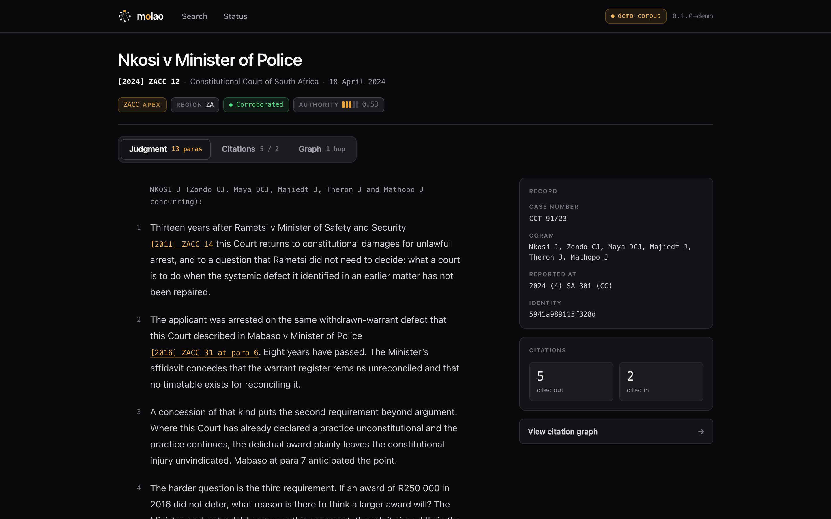 A judgment in Molao showing parties, court, case number, coram, parallel reported citations and numbered paragraphs