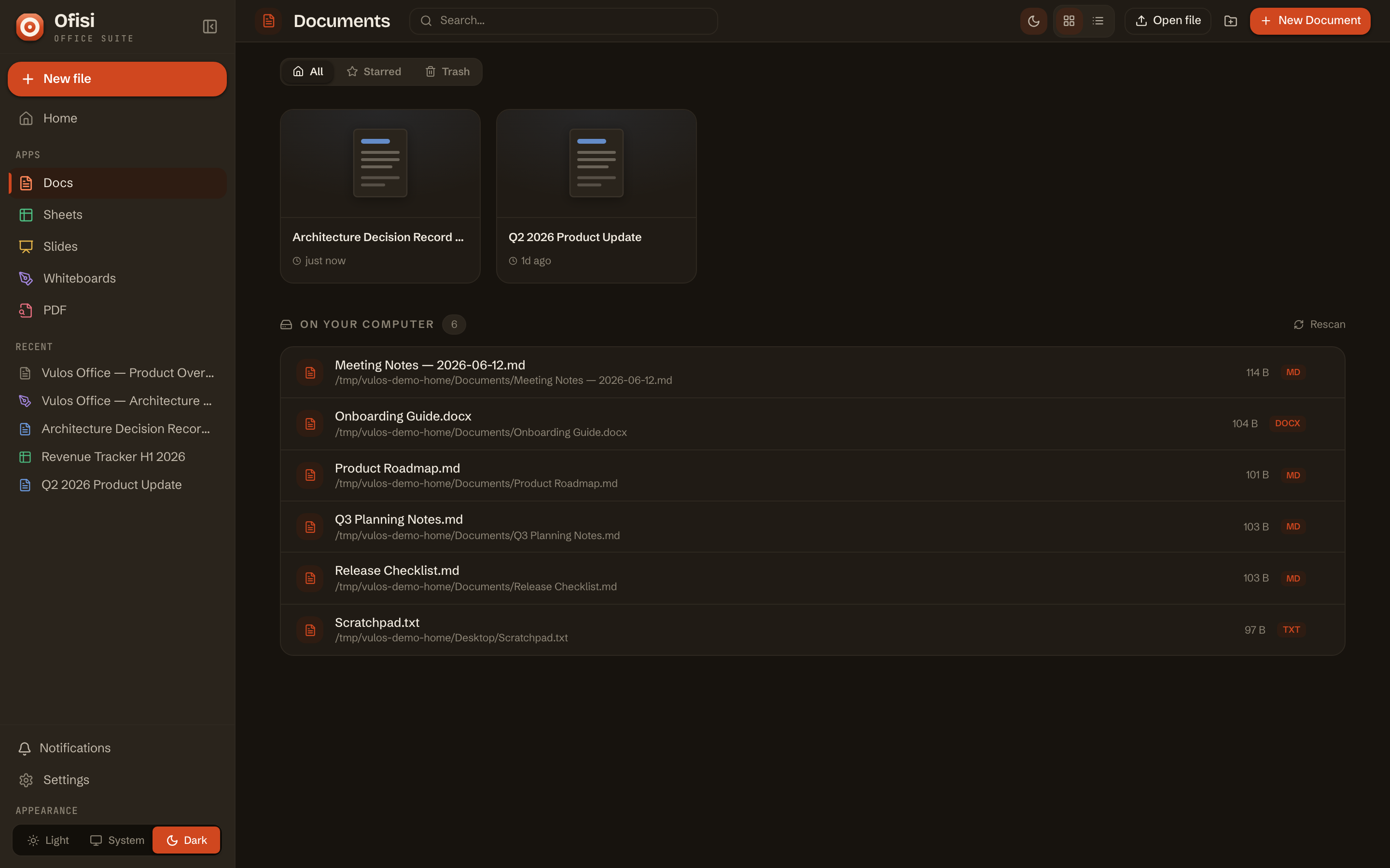 The Ofisi file browser with the New menu open across every surface