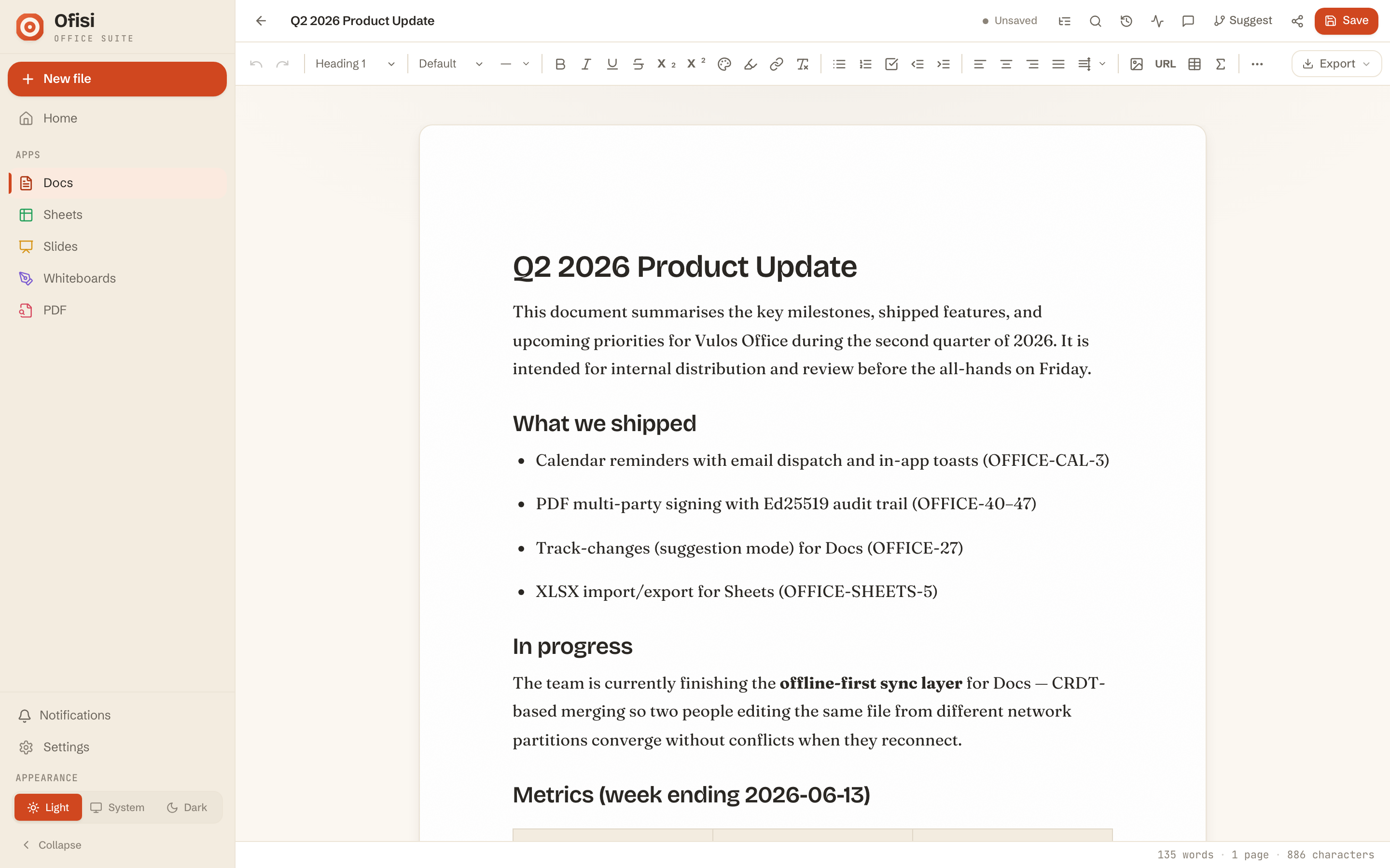 The Ofisi Docs editor with a formatted document