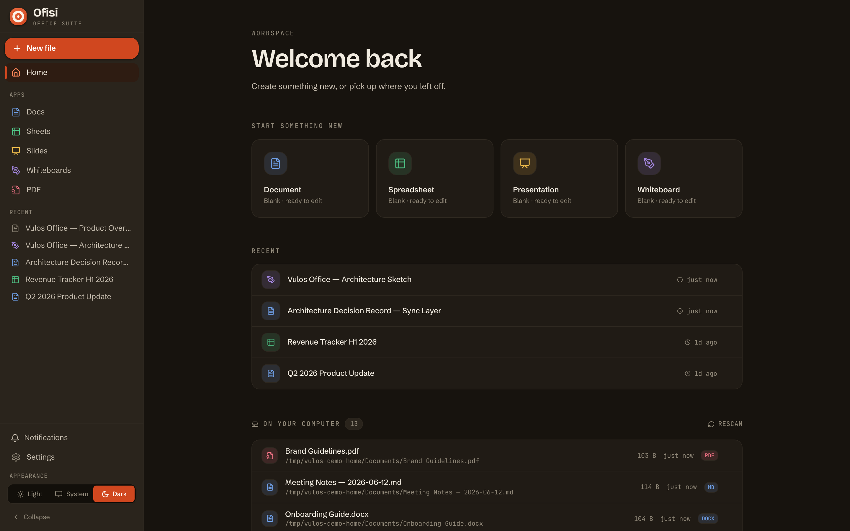 The Ofisi workspace in the warm dark theme