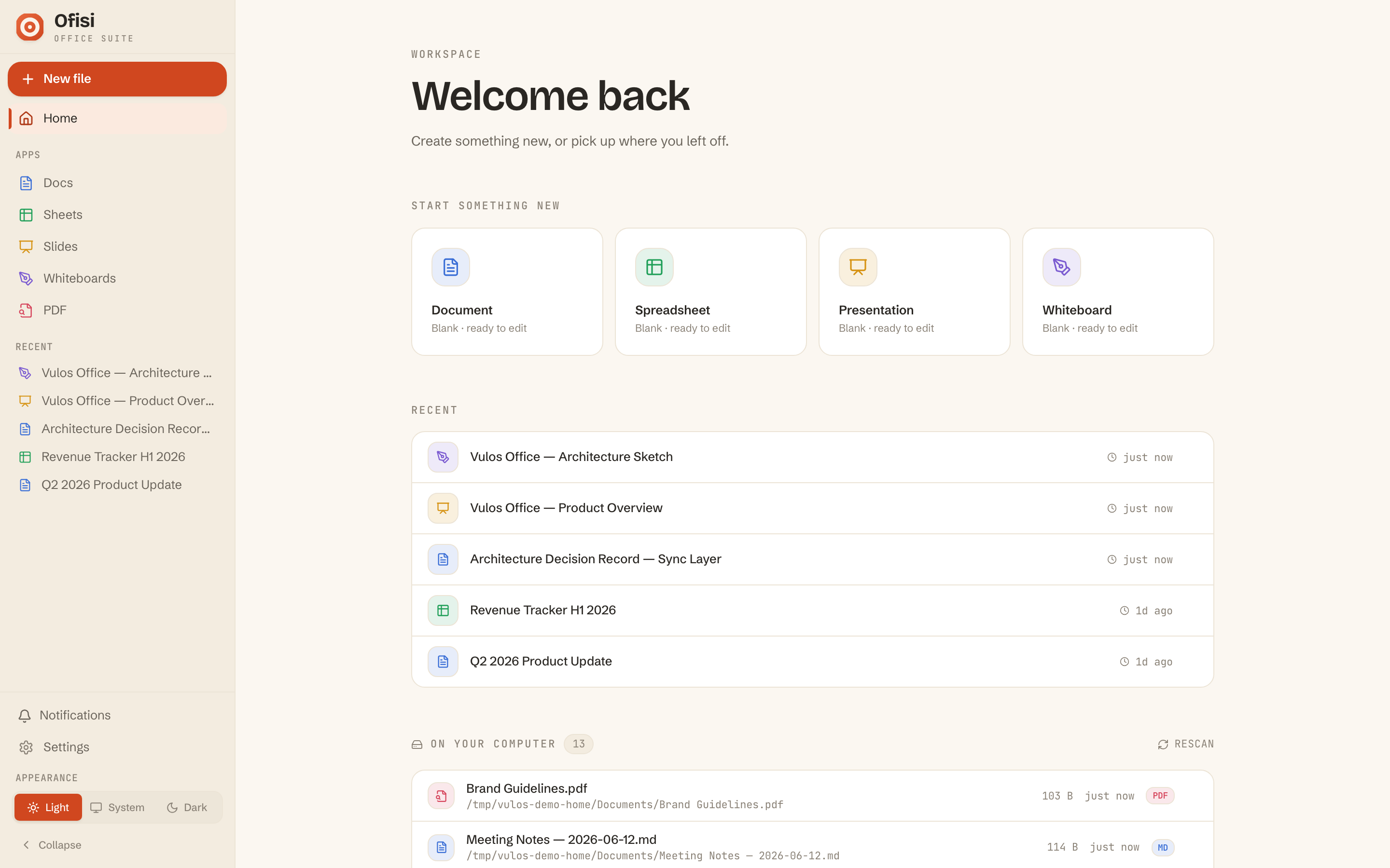 The Ofisi workspace in the light theme