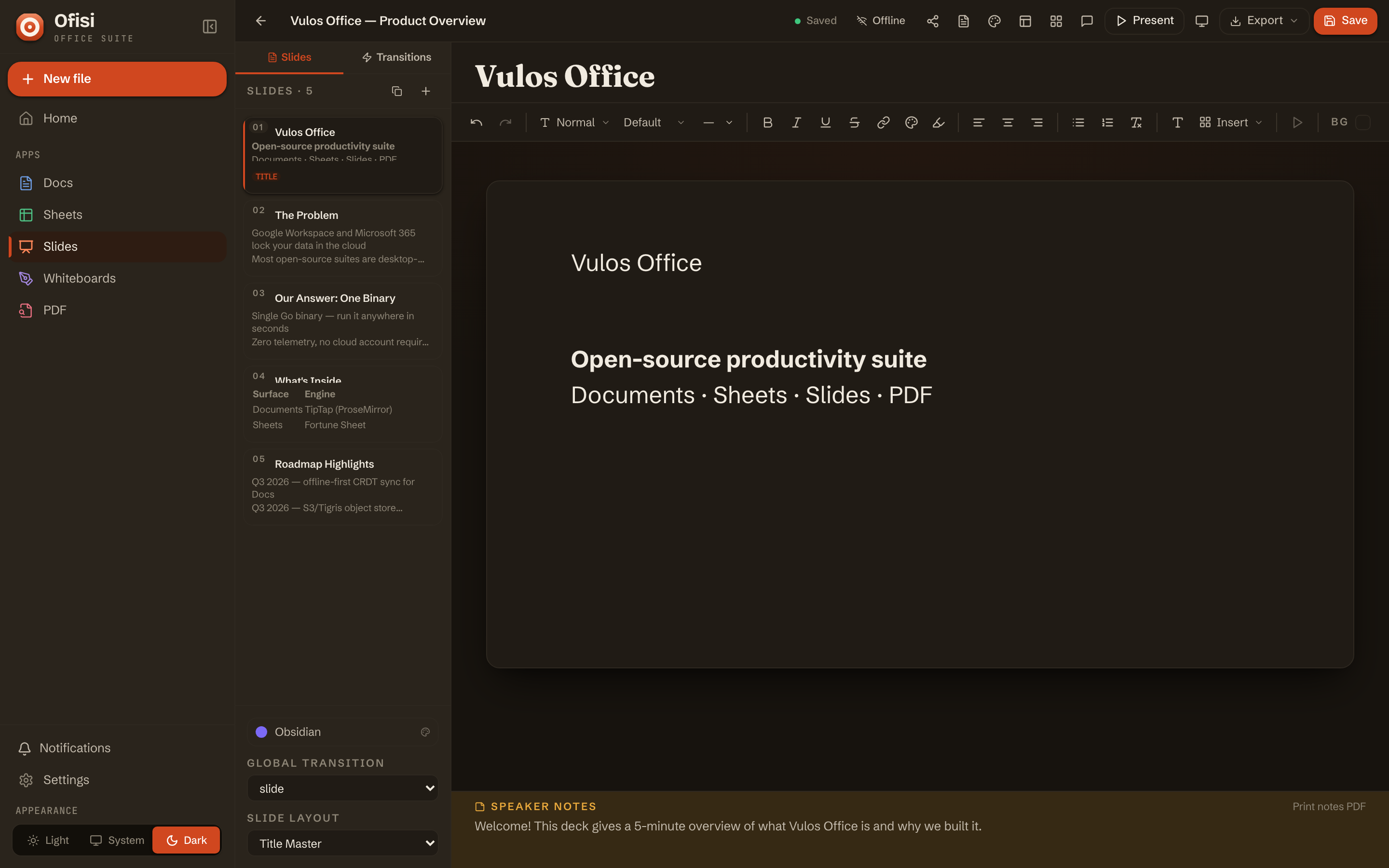 The Ofisi Slides editor with a presentation deck
