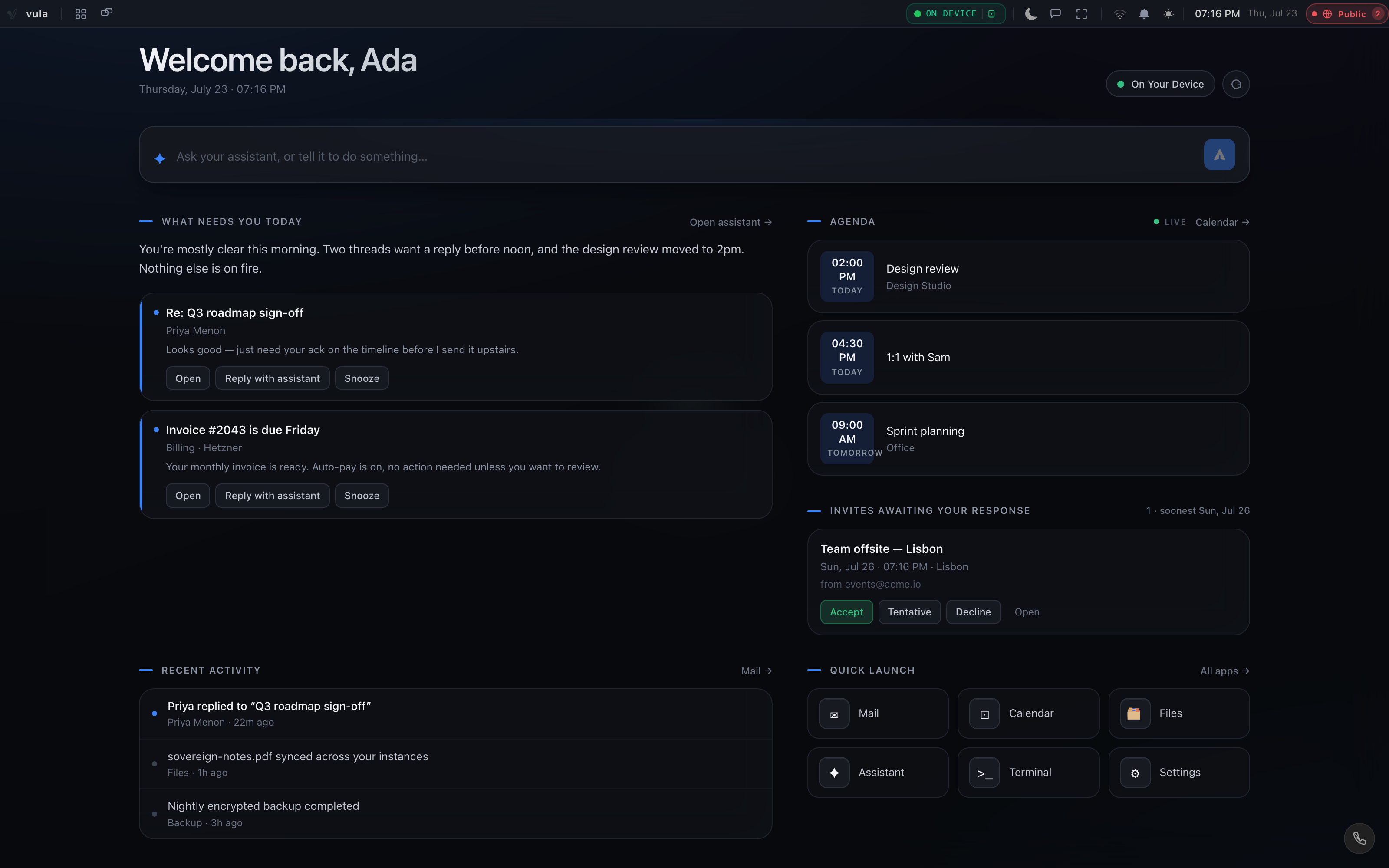 Vulos OS home — a personal briefing, an assistant composer, a live agenda and pending invites in a web-native desktop