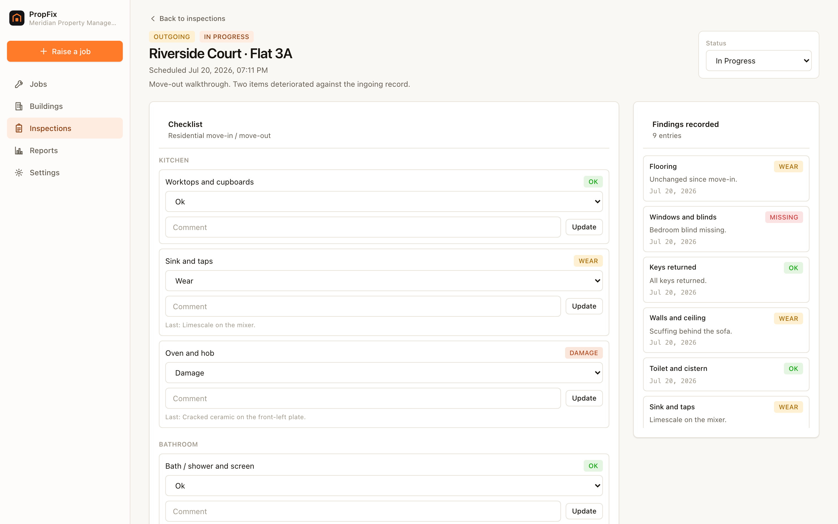 PropFix move-out walkthrough — a condition scale per item, with the ingoing record alongside