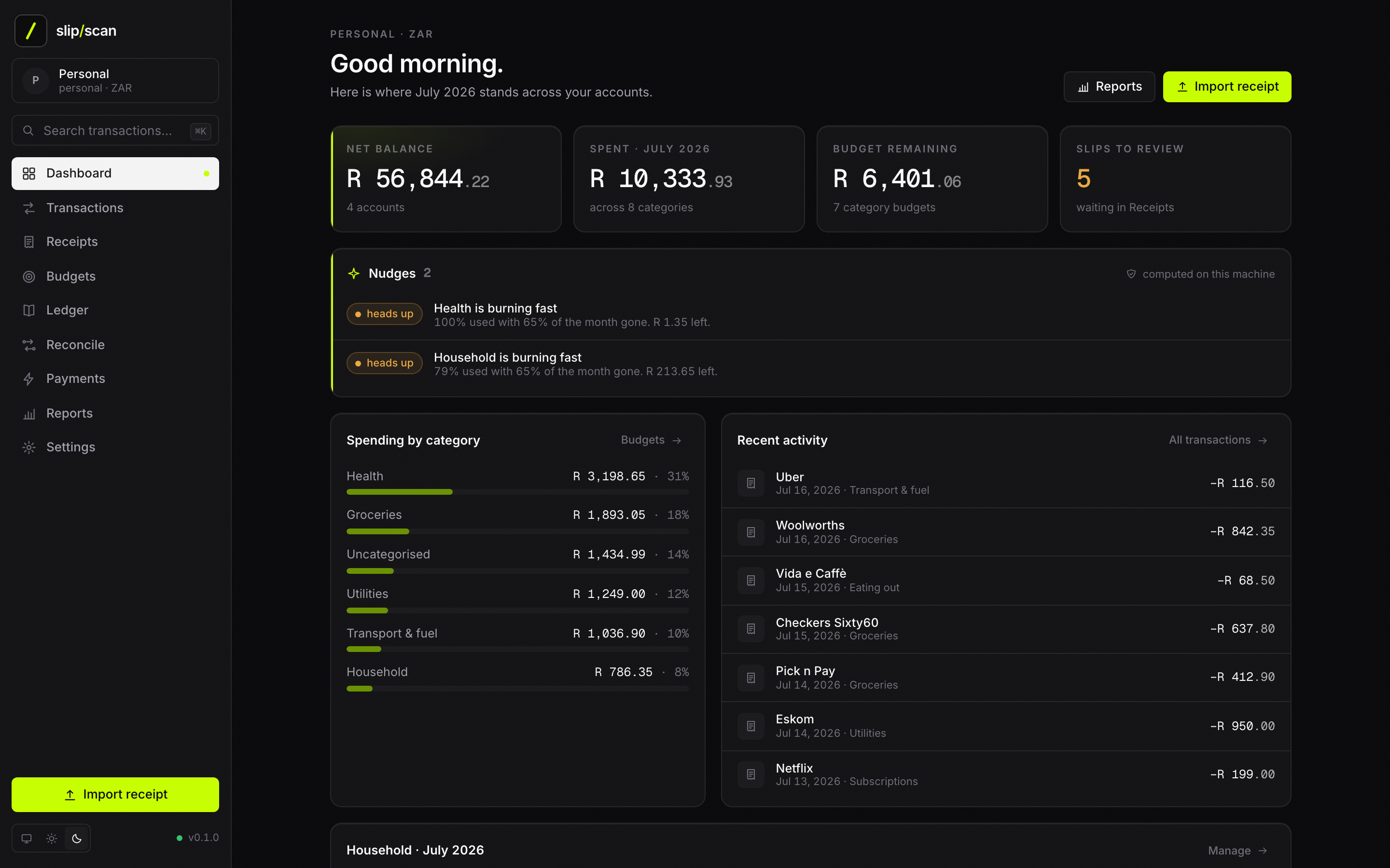 The shipped SlipScan desktop app — Dashboard with net balance, monthly spend, budget remaining, nudges, and recent activity