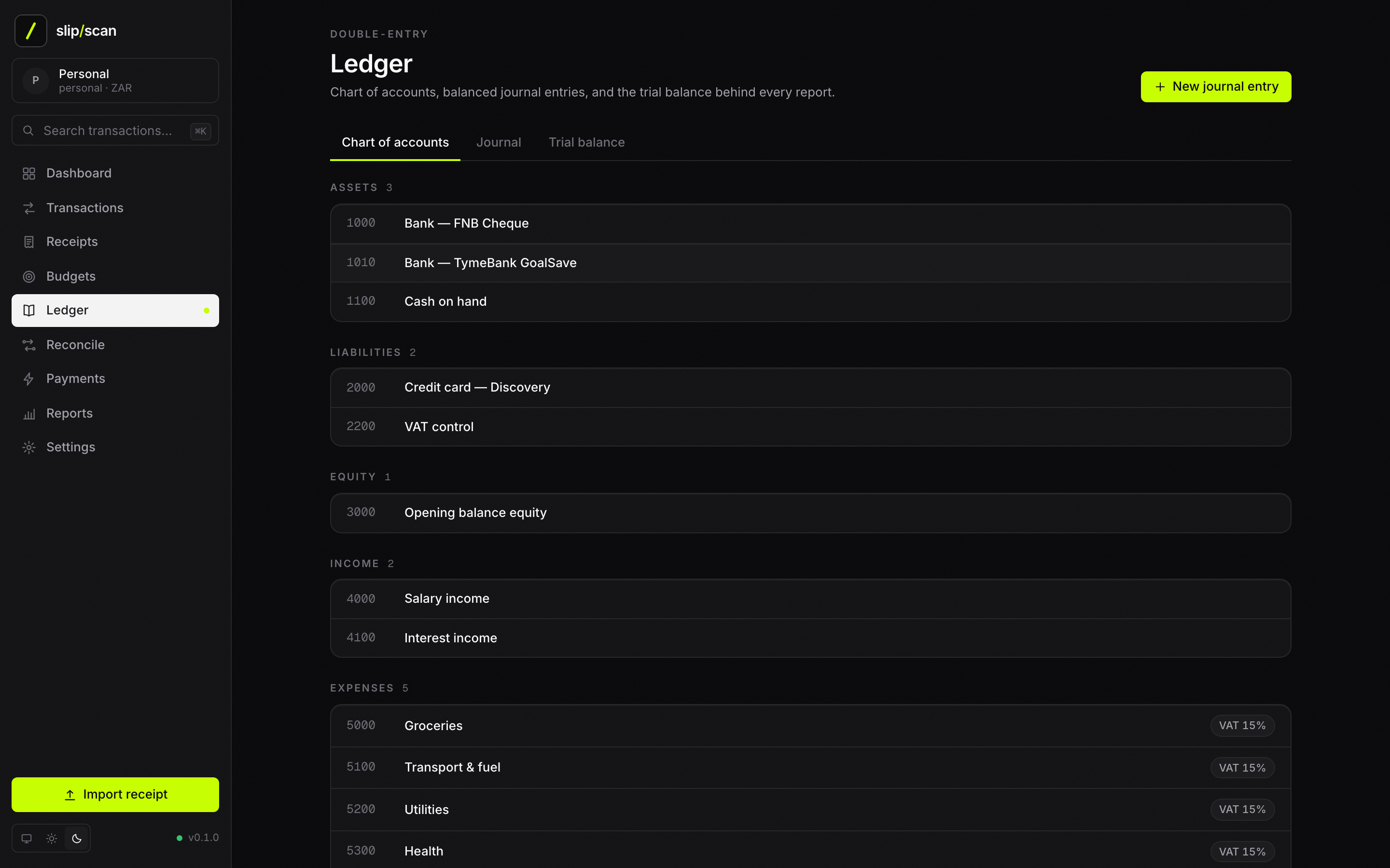 SlipScan Ledger — chart of accounts with journal and trial balance tabs