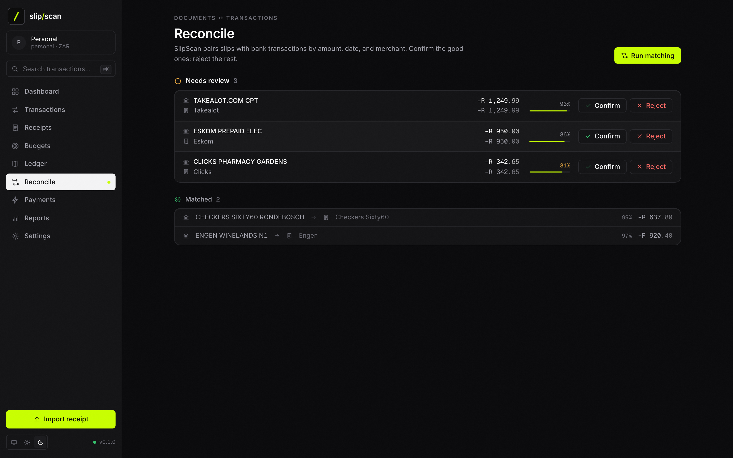 SlipScan Reconcile — scored matches between bank transactions and slips