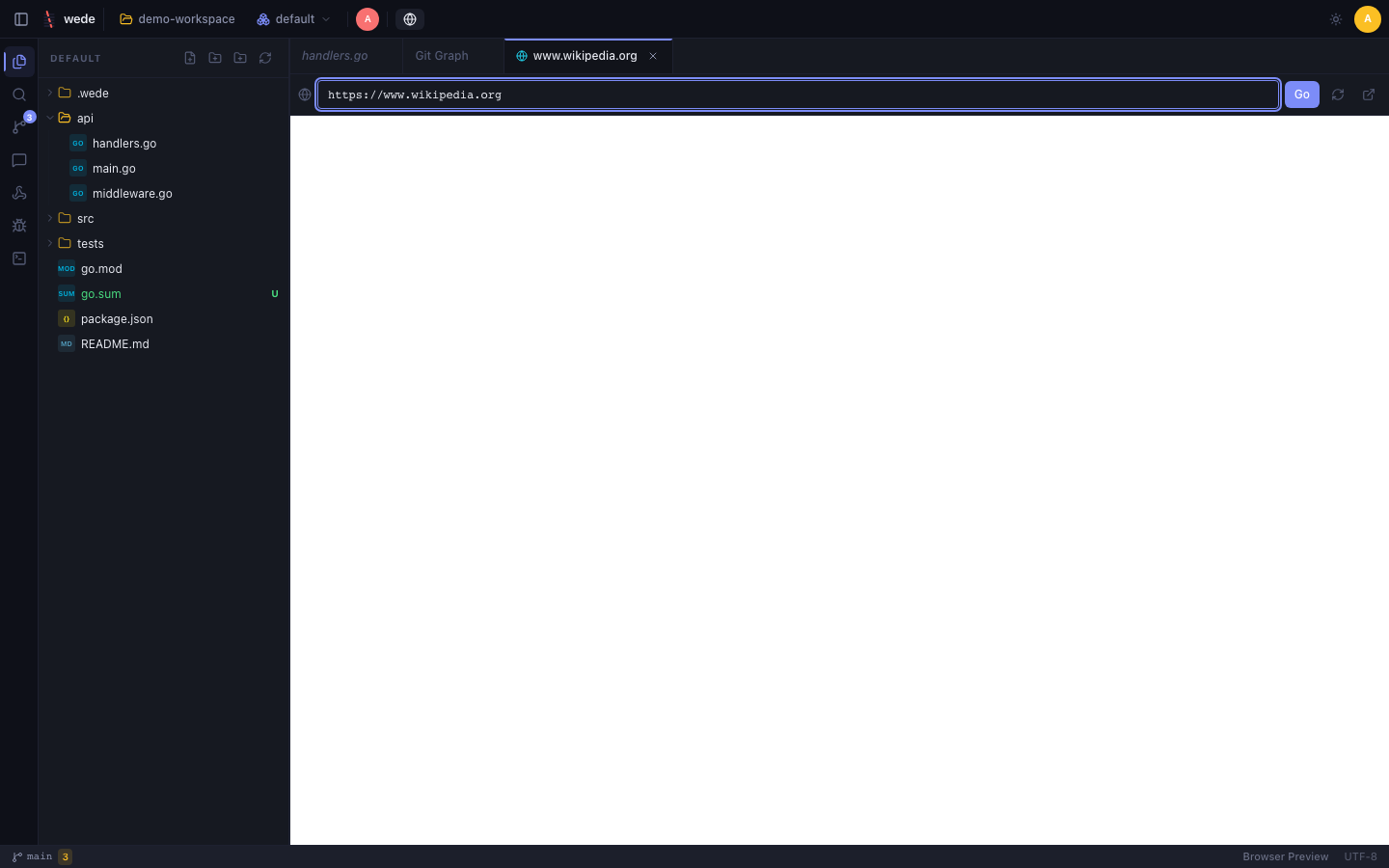 wede browser preview, Midnight theme