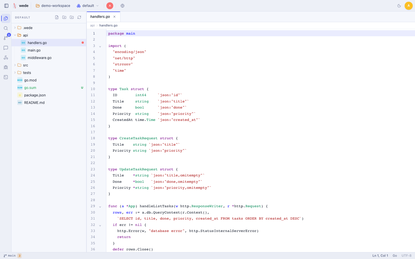 wede IDE — file tree, Go source open in the editor, and the top workspace bar