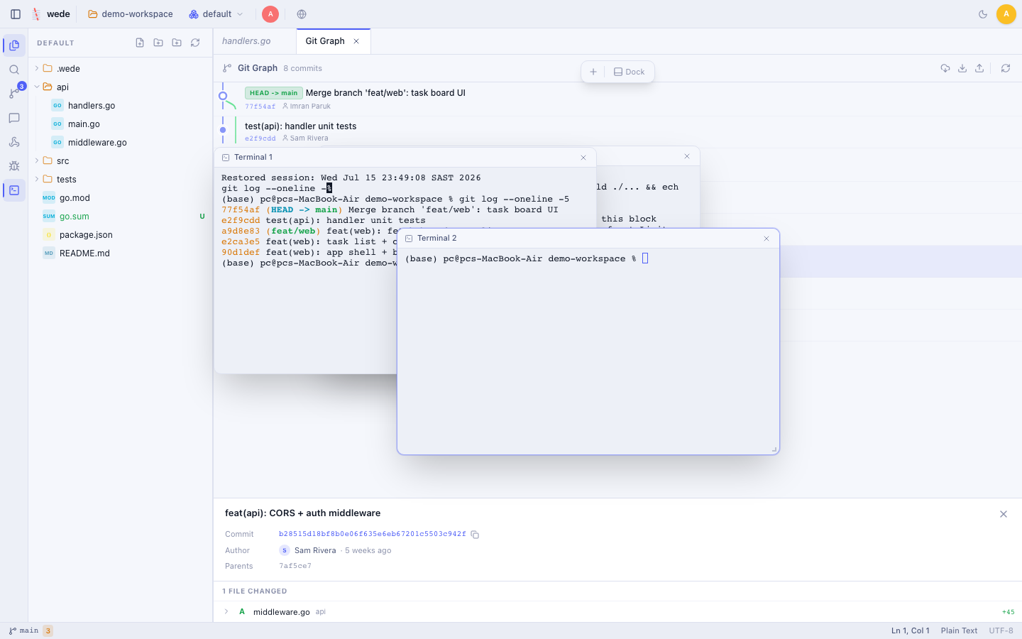 wede with floating terminal windows over the editor