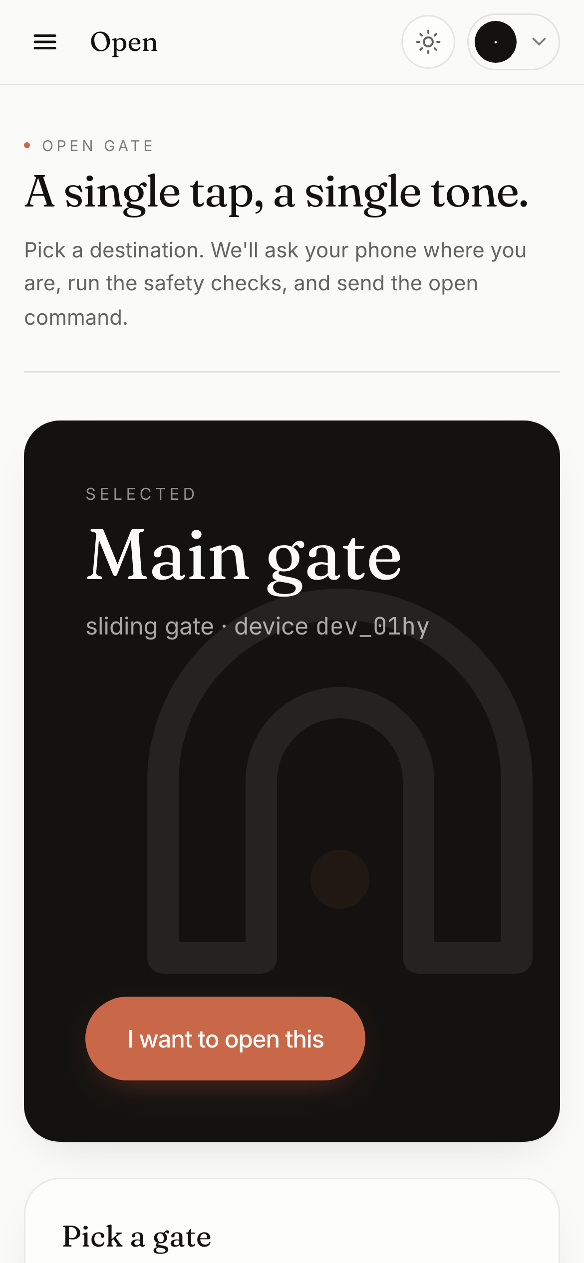 The Aql app on a phone, showing a selected gate called Main gate and a large button reading I want to open this.