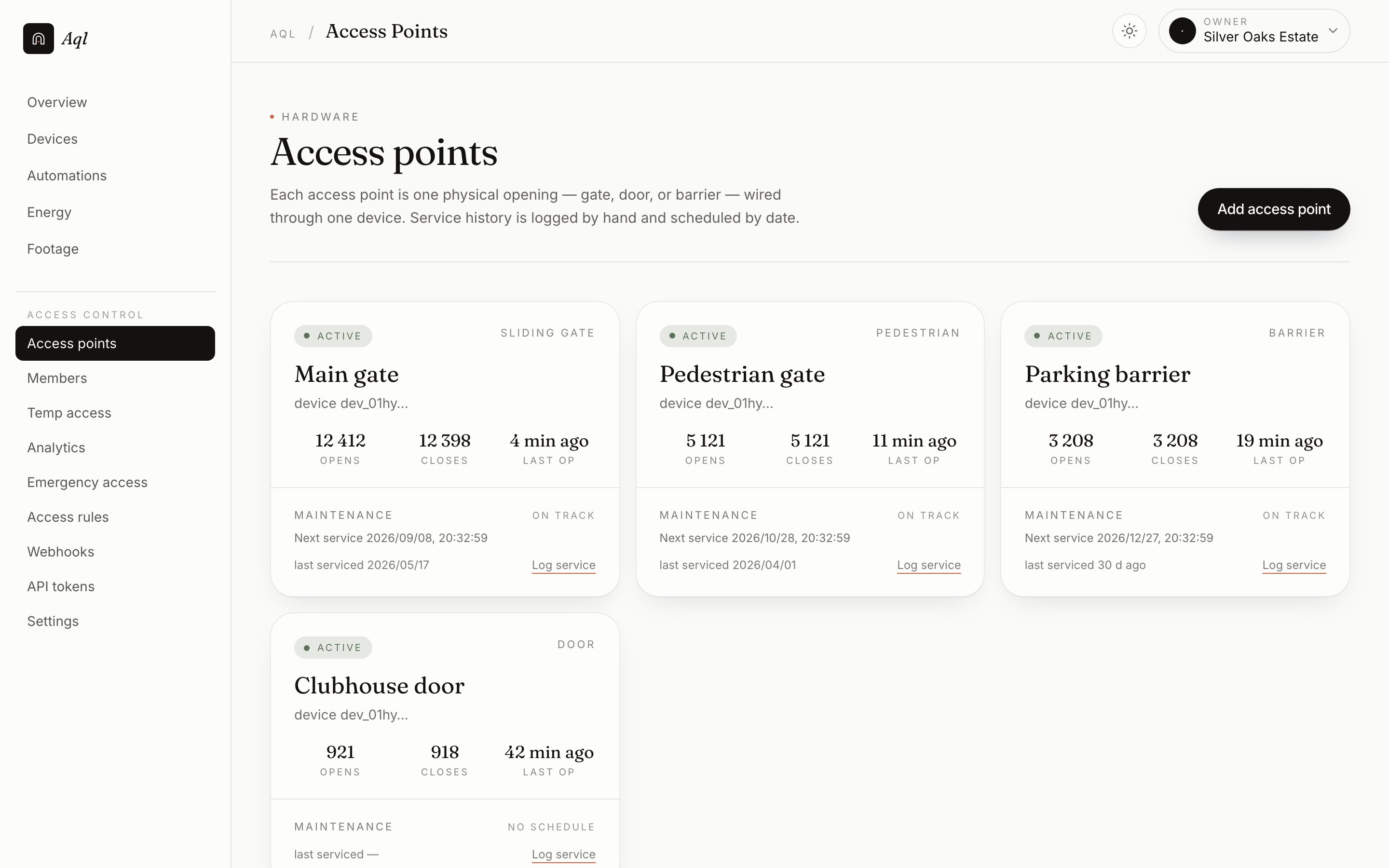 The Access points page: each gate, door and barrier on a location, with the controller paired to it and when it was last seen.