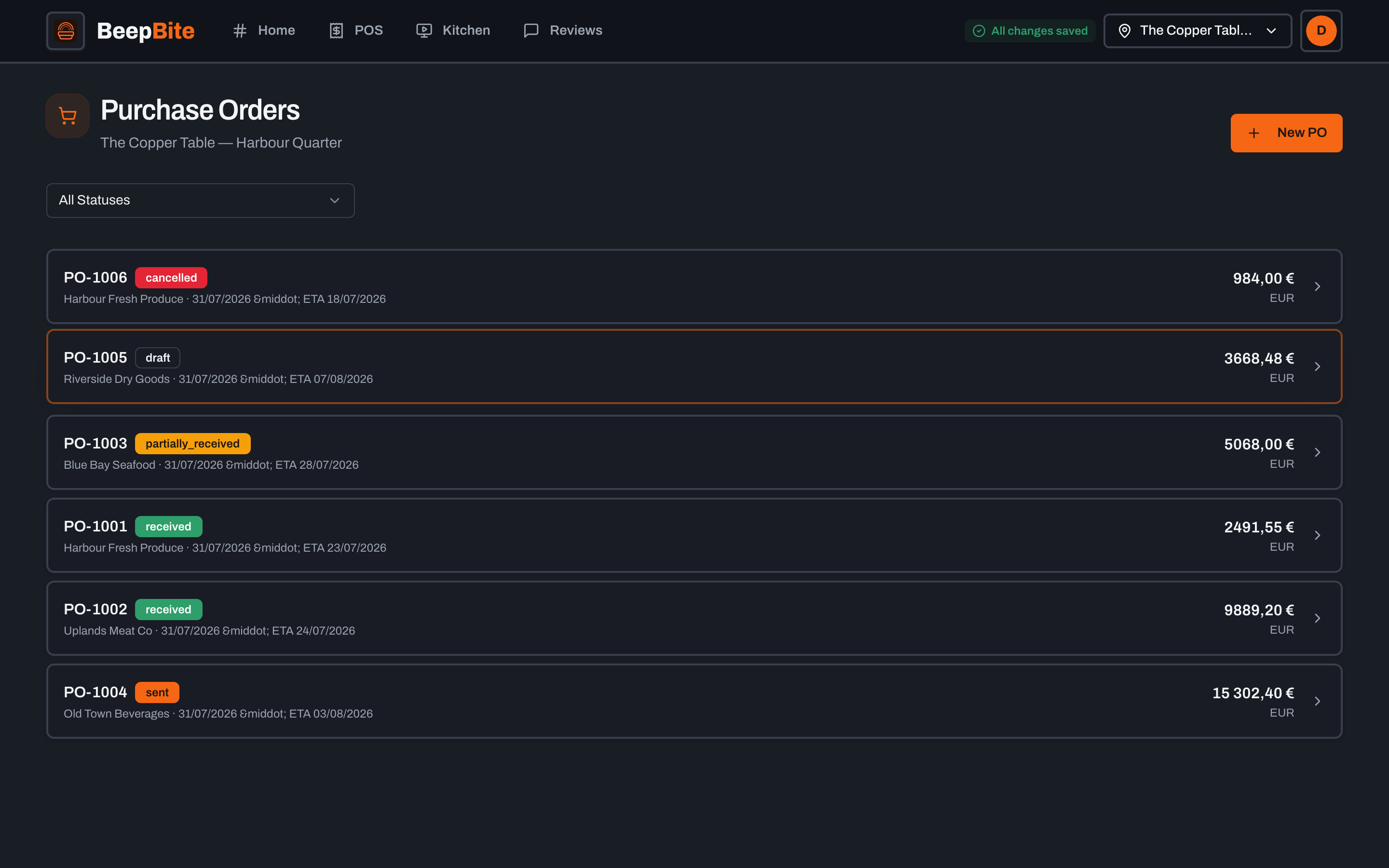 Purchase orders: suppliers, order lines, receipt status and invoice matching.
