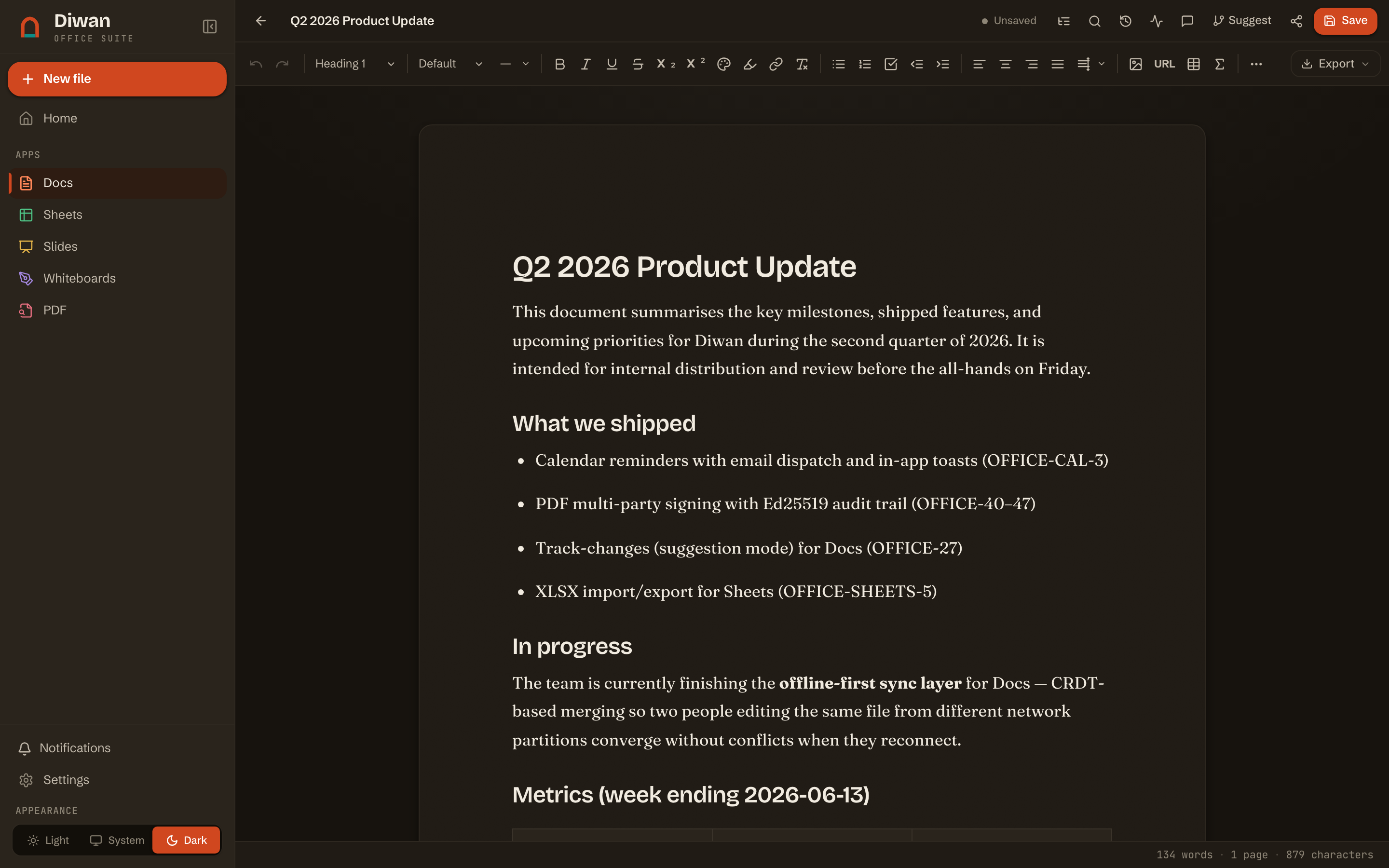 The Diwan document editor in the warm dark theme.