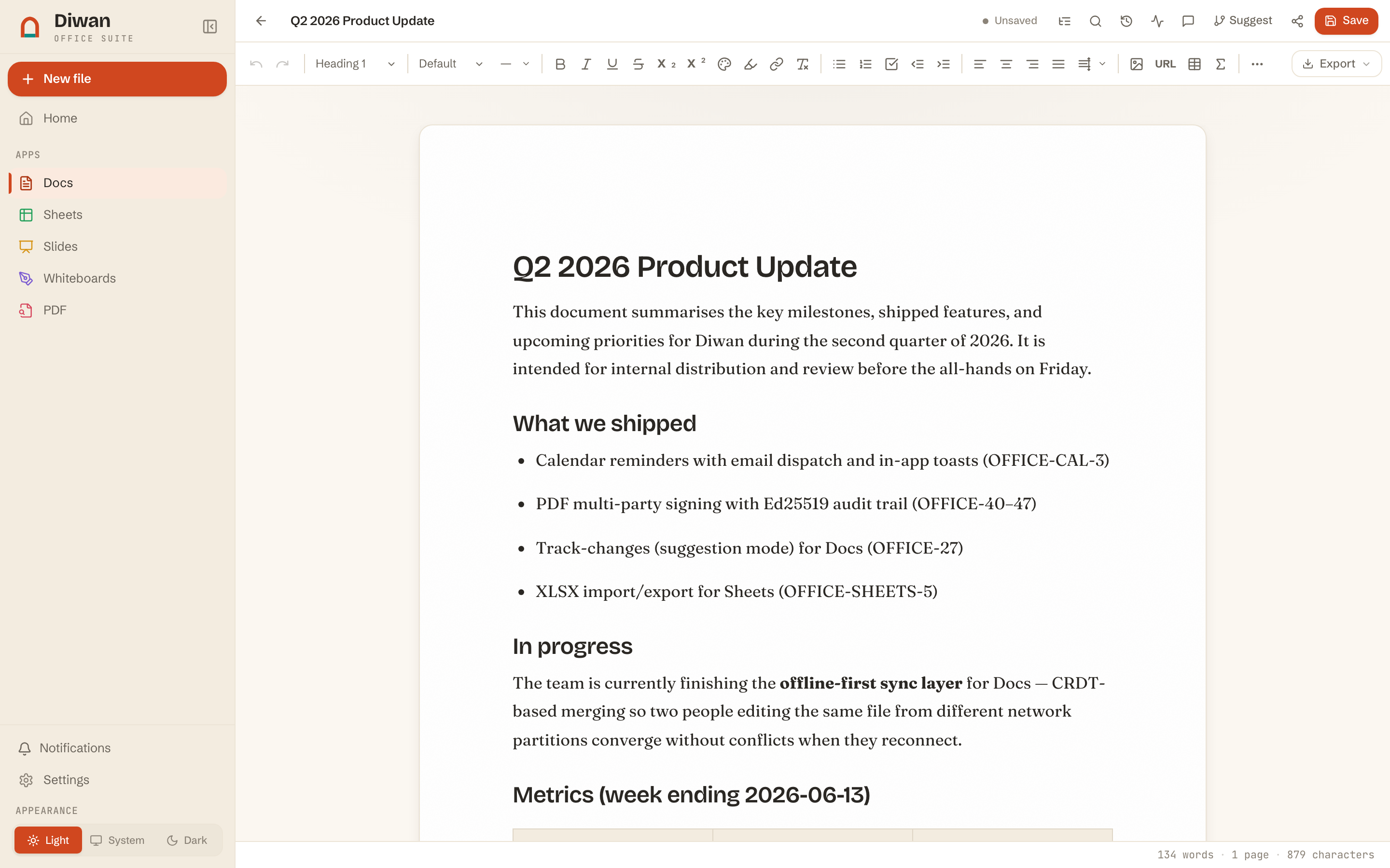 The Diwan document editor: rich text with a live outline, anchored comments and a formatting toolbar.
