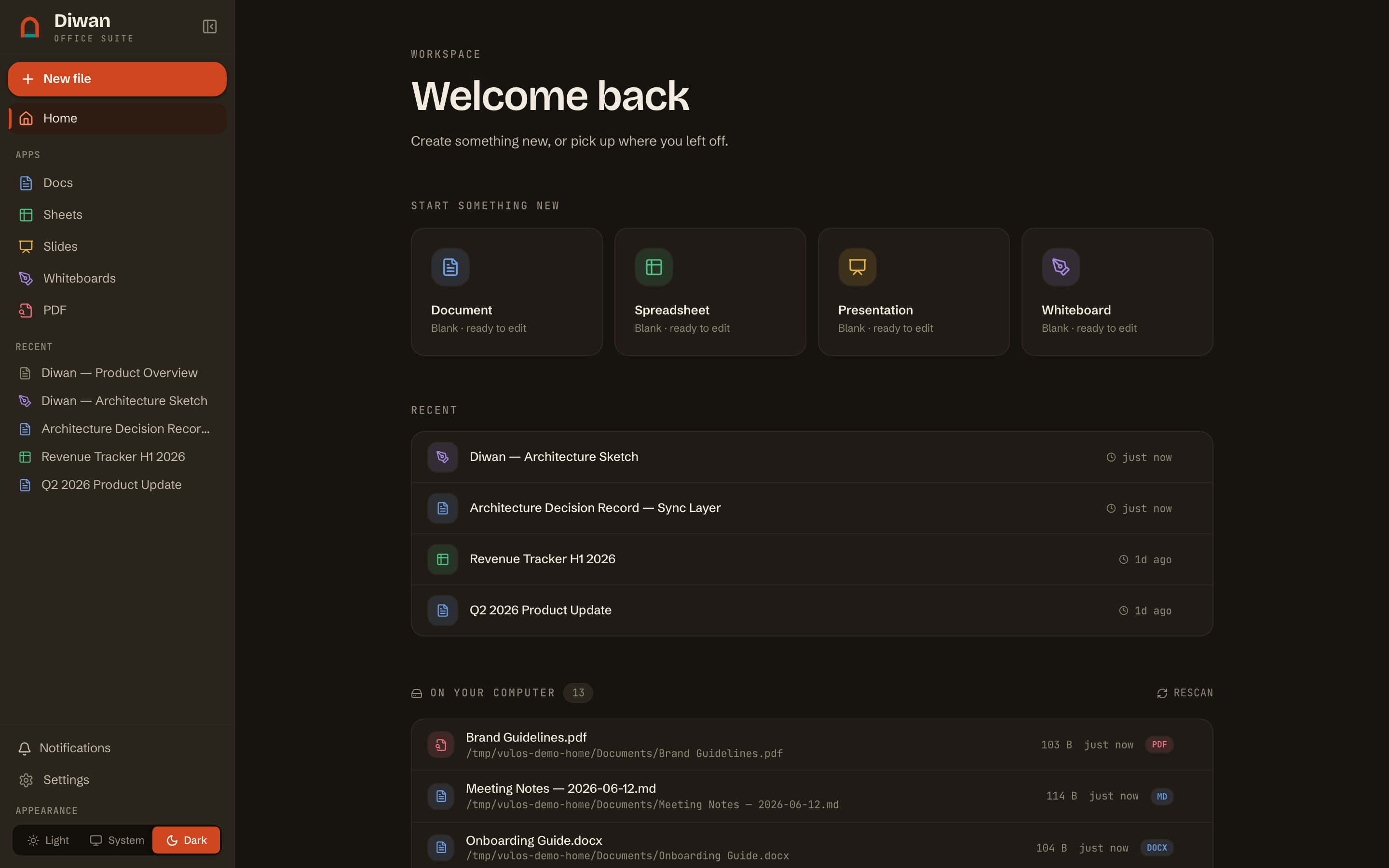 The Diwan workspace in its warm dark theme.