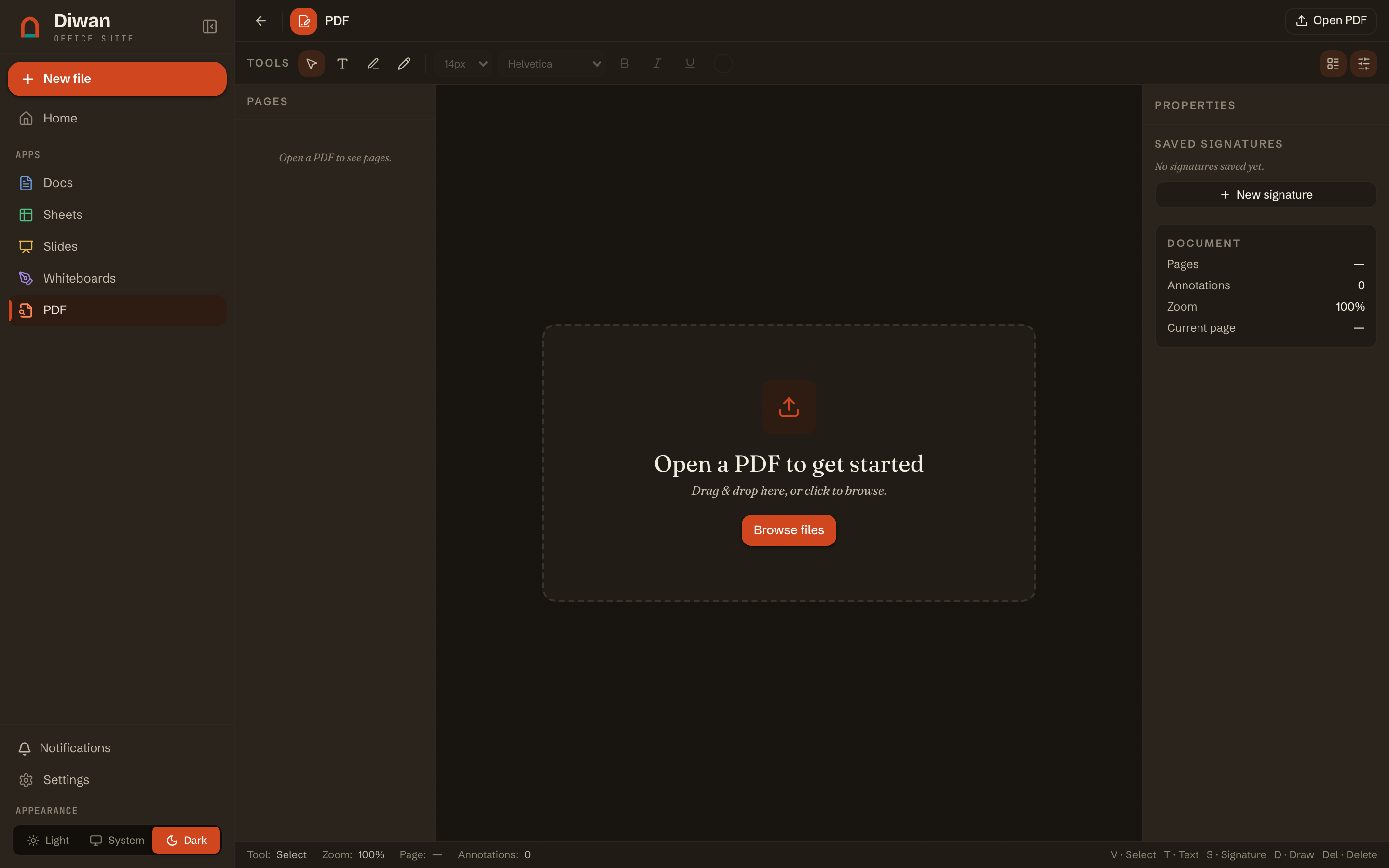The Diwan PDF viewer in the warm dark theme.