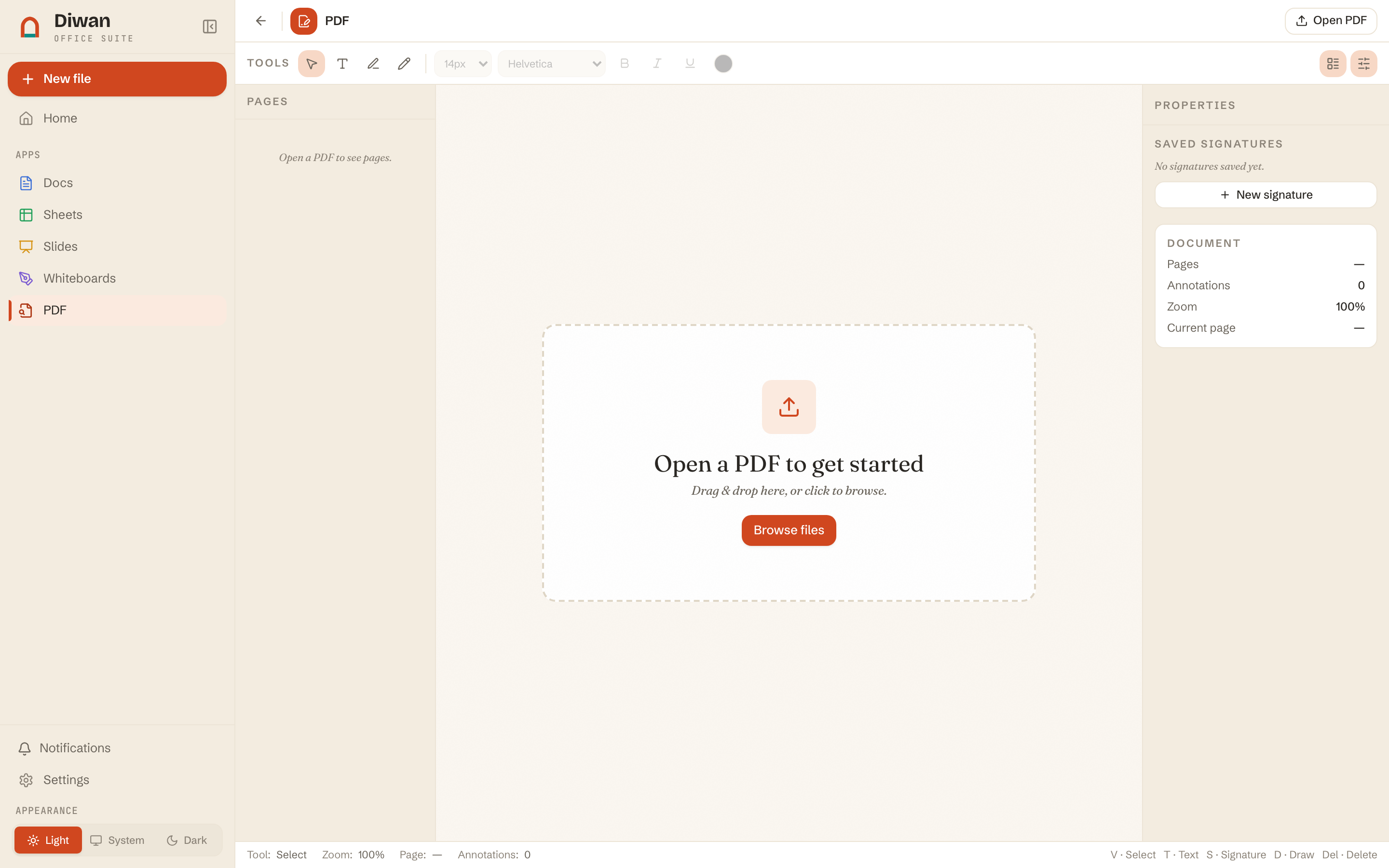 The Diwan PDF viewer with annotation and signing tools.