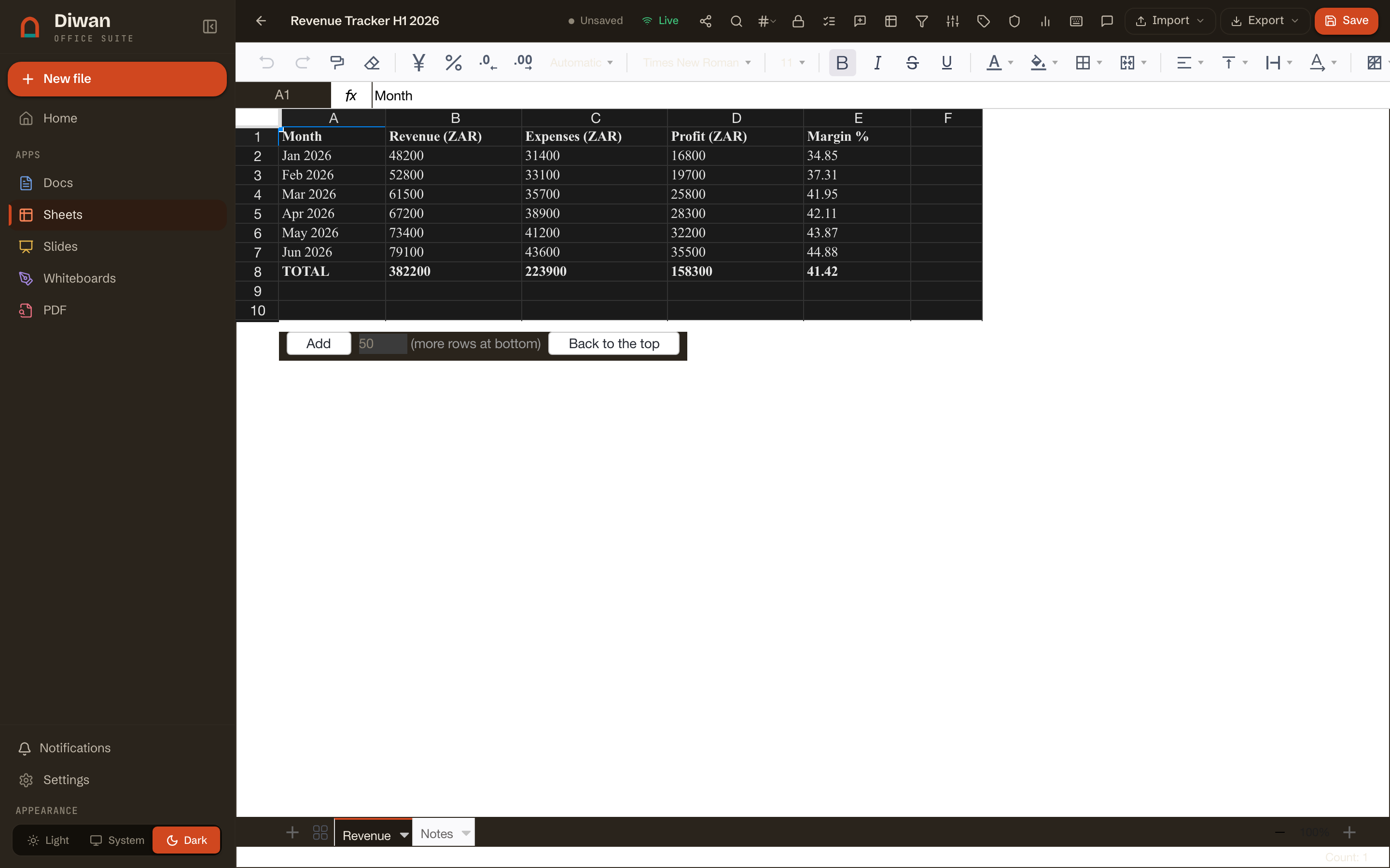 The Diwan spreadsheet editor in the warm dark theme.