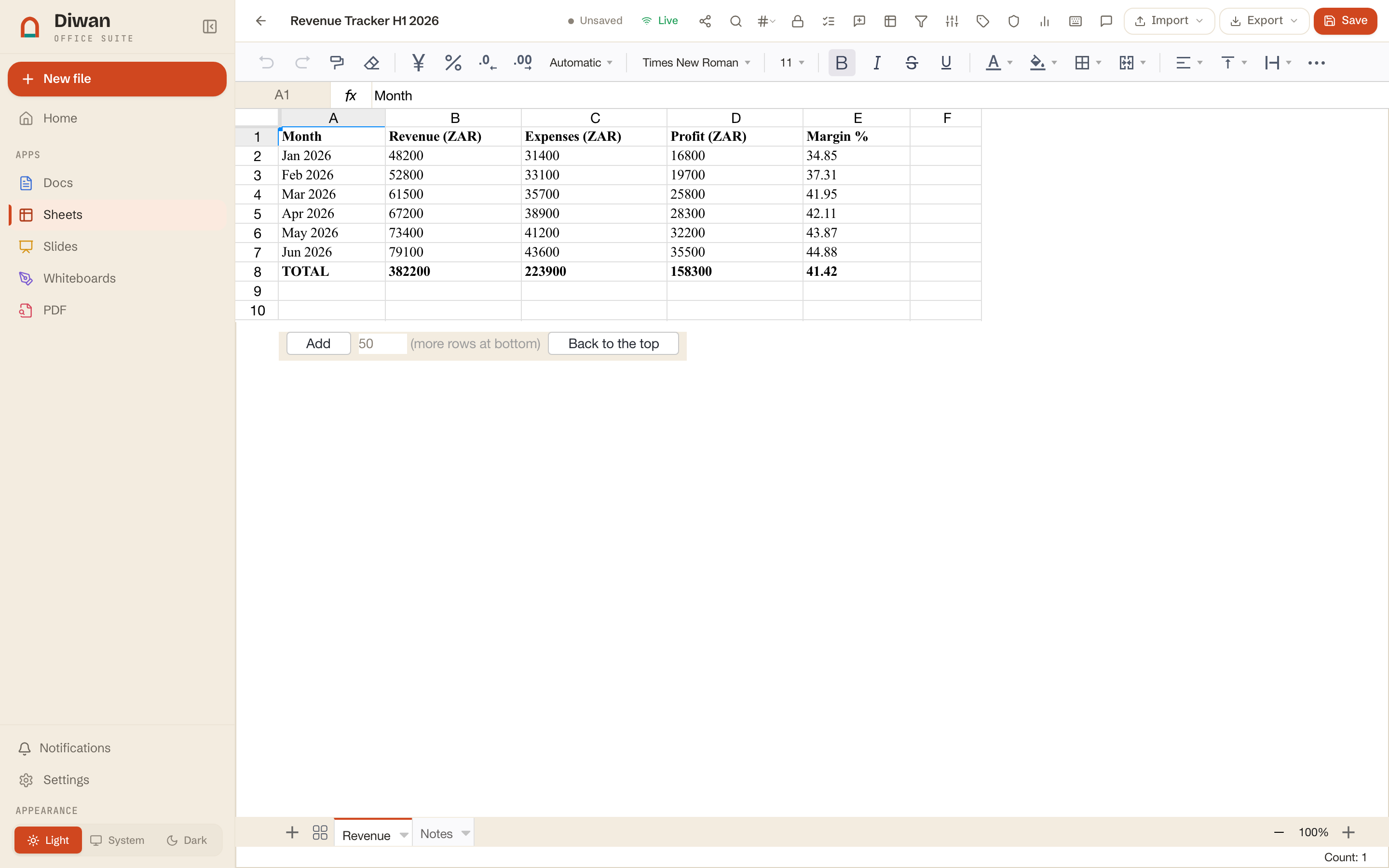 The Diwan spreadsheet editor: a full grid with a formula bar and toolbar.