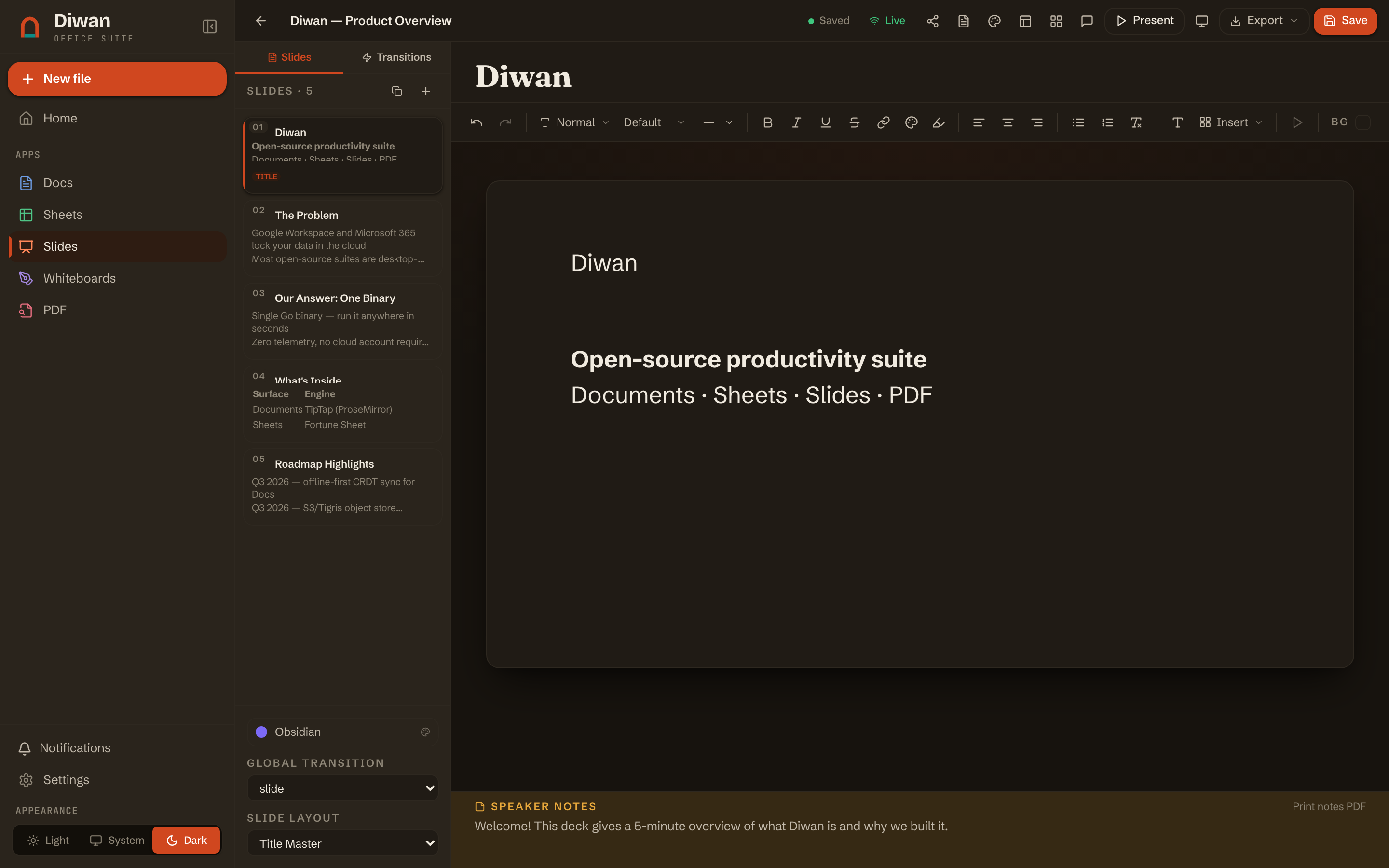 The Diwan slide editor in the warm dark theme.