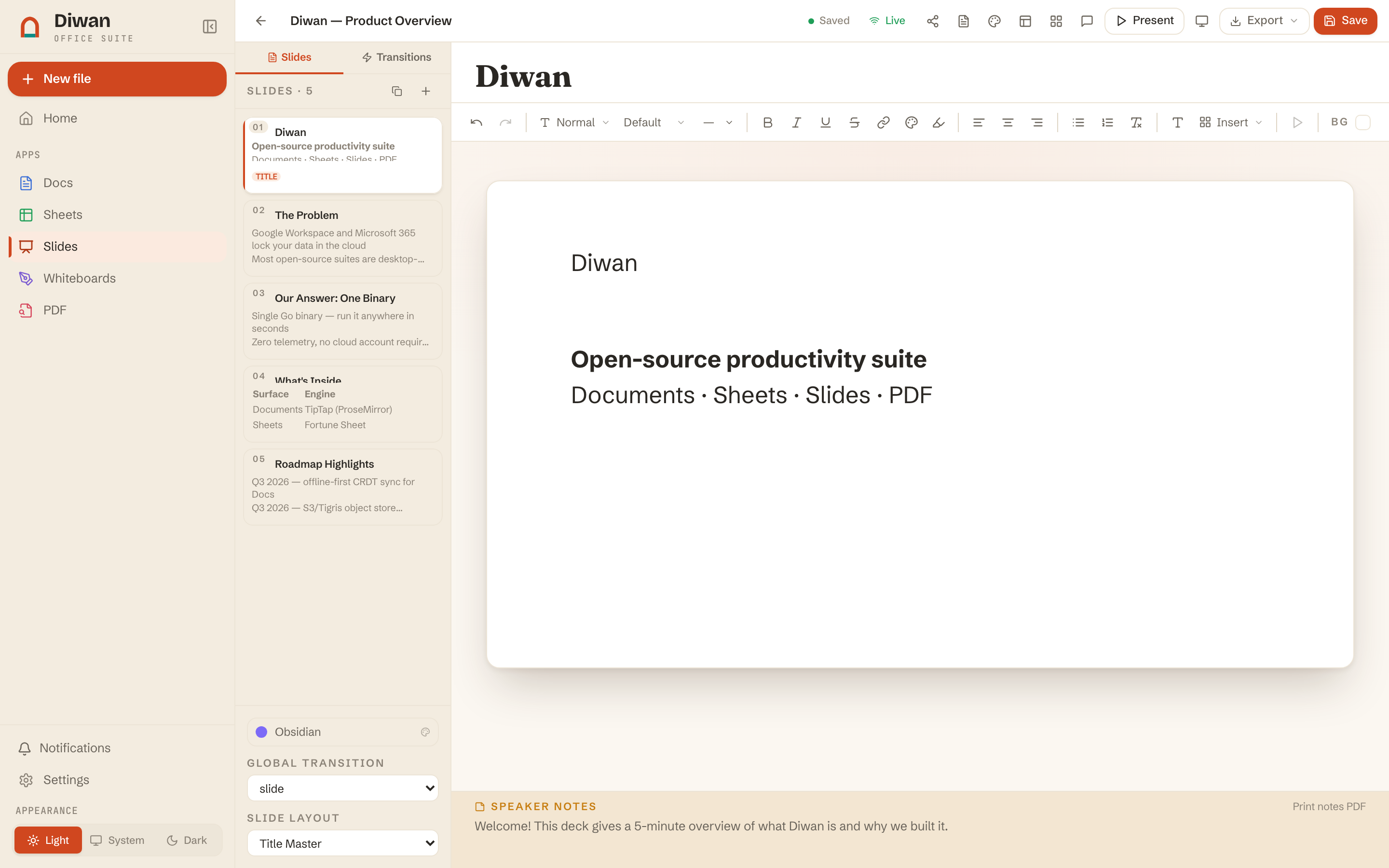 The Diwan slide editor: a positioned-object canvas with a slide sorter.