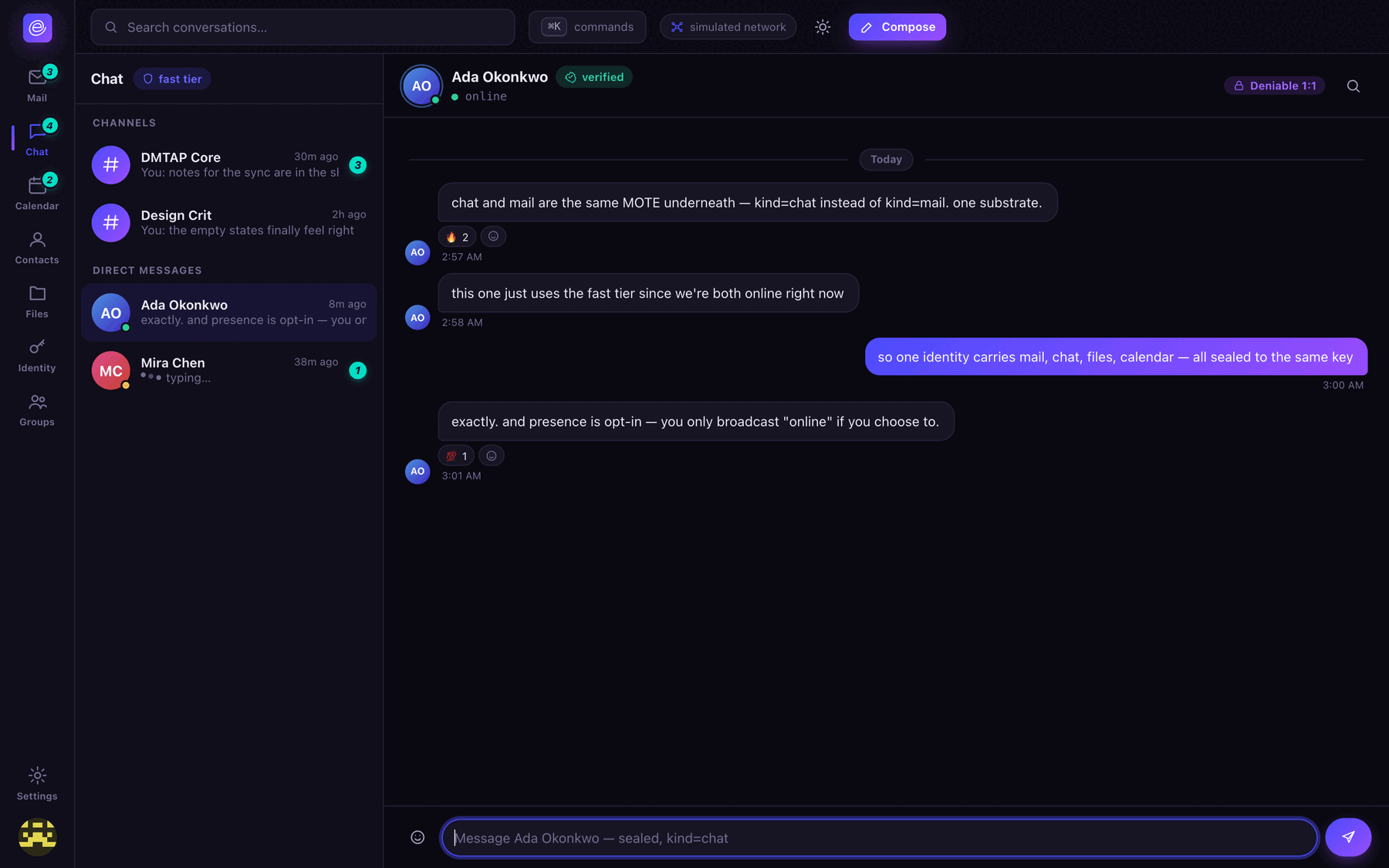 Envoir chat: a direct-message thread with Ada Okonkwo, a green verified badge, an online-presence dot, and a Deniable 1:1 protocol indicator in the header. The thread discusses chat and mail being the same MOTE object.