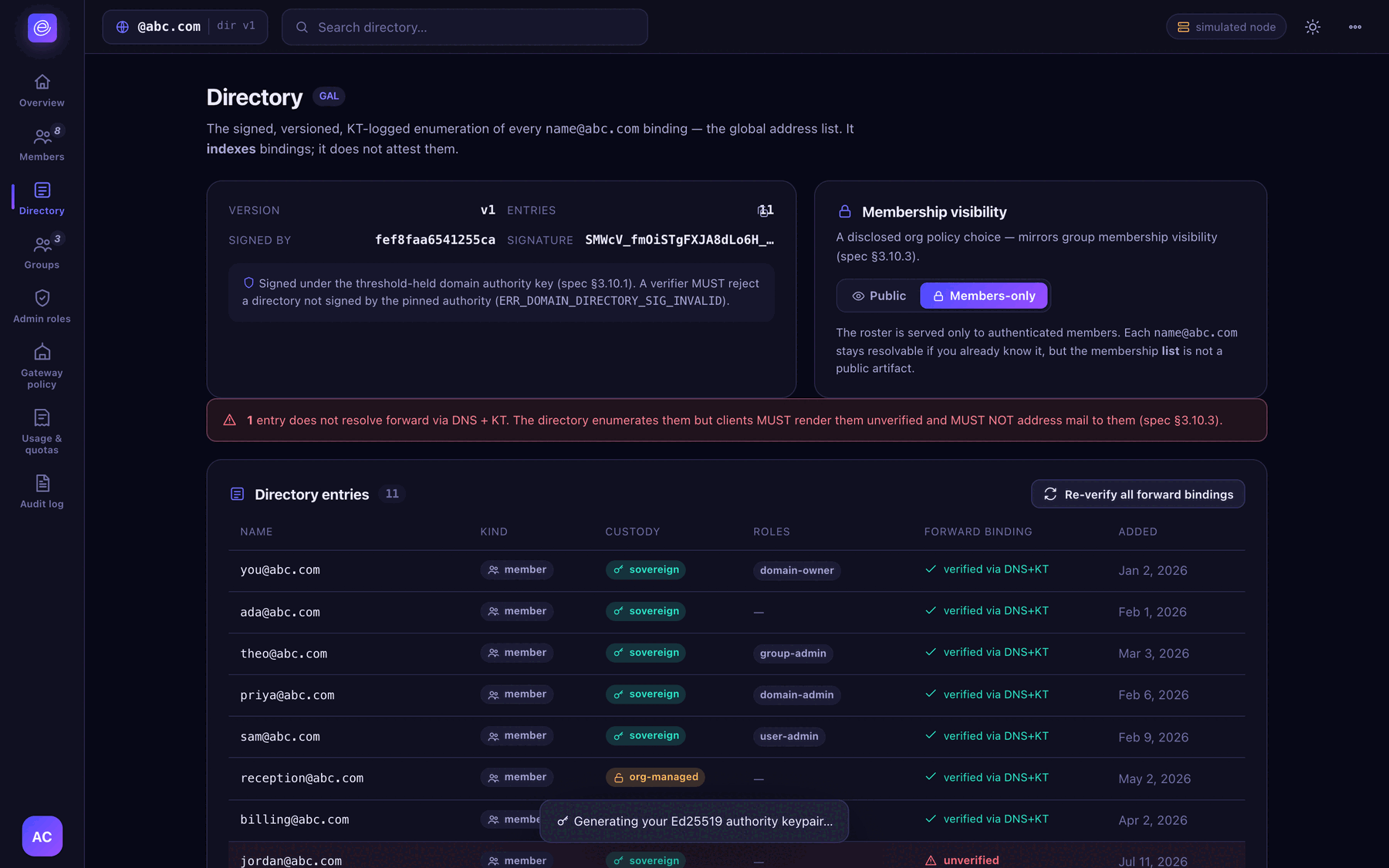 Org console directory settings for a members-only DMTAP domain directory.