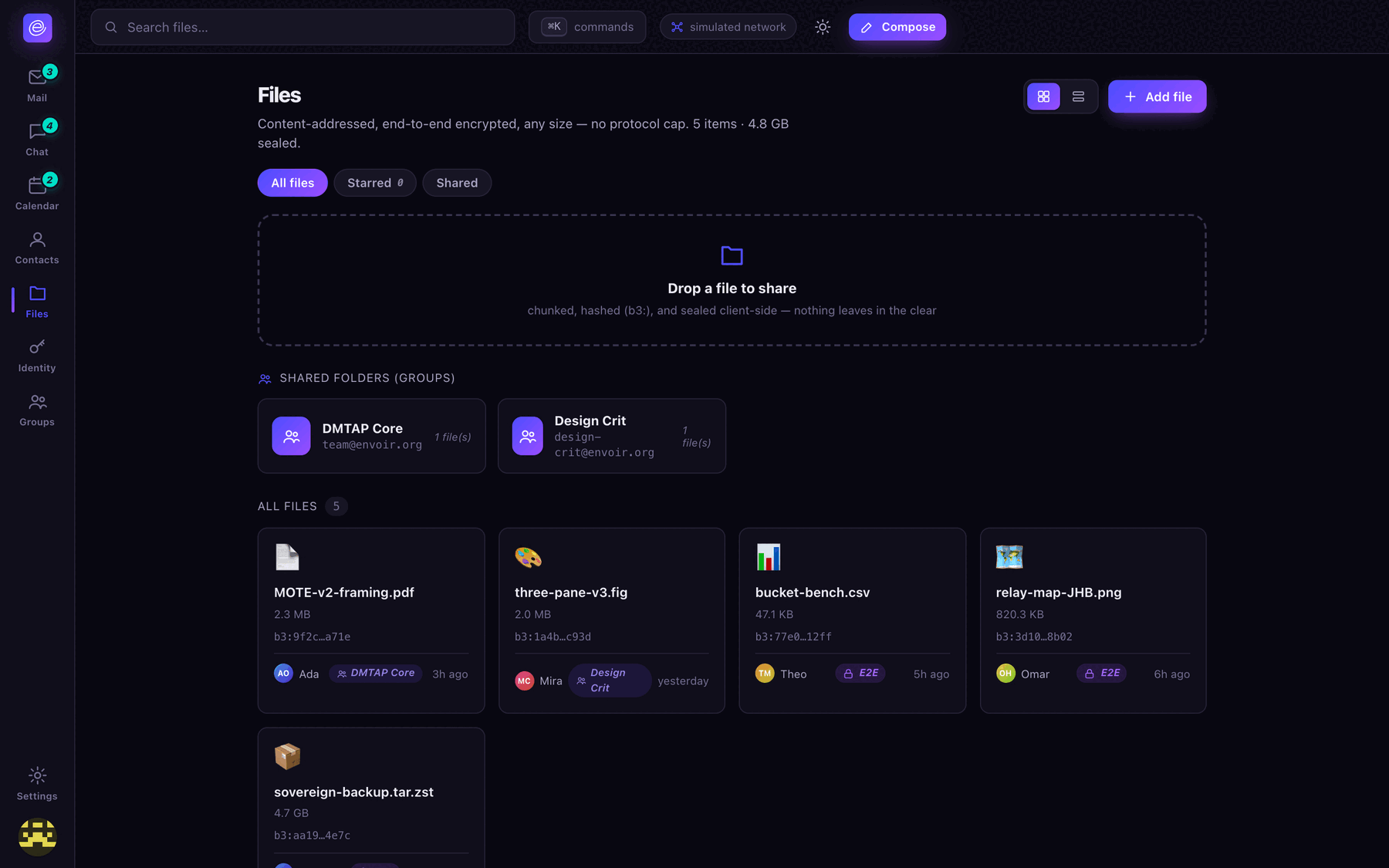 Envoir files: a grid of files each showing a content hash prefixed b3:, an E2E badge, and two shared folders rendered as groups (DMTAP Core, Design Crit).