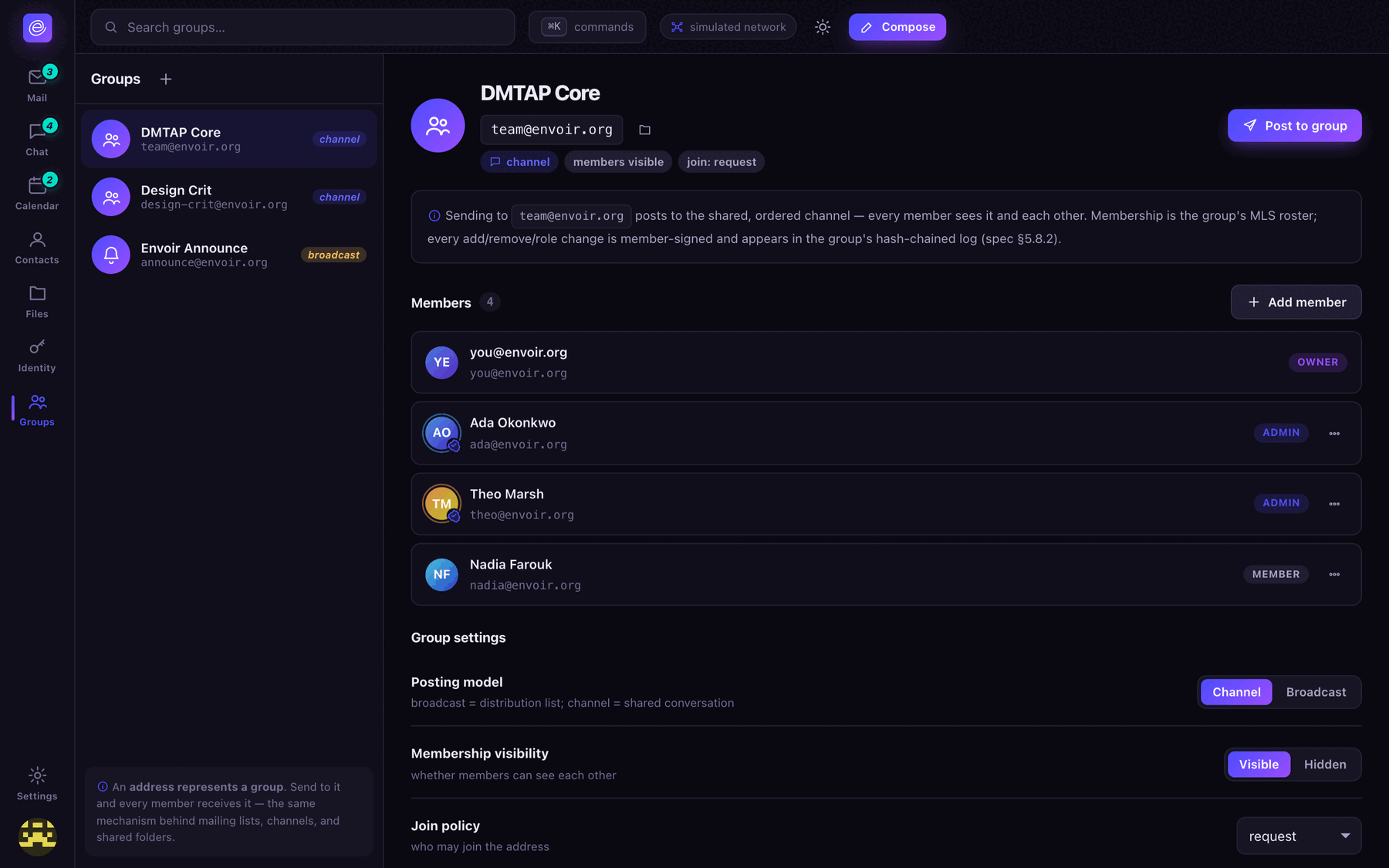 Envoir groups: the DMTAP Core channel with four members, each add or remove member-signed and appended to a hash-chained log, plus posting-model and membership-visibility settings.