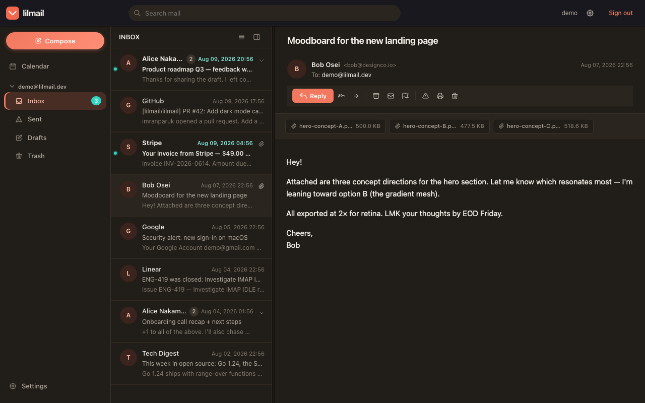 lilmail in dark mode with a message open in the three-pane reading view
