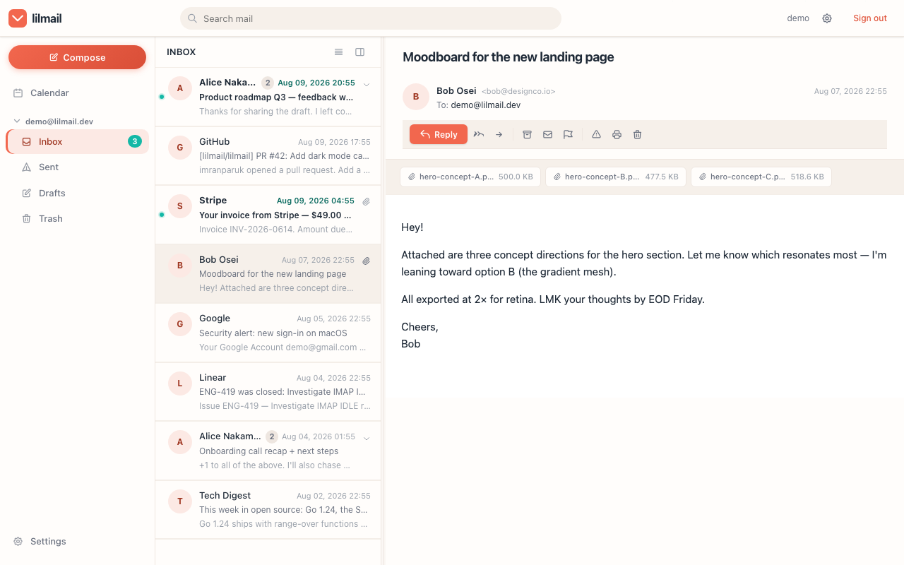 lilmail with a message open in the three-pane reading view
