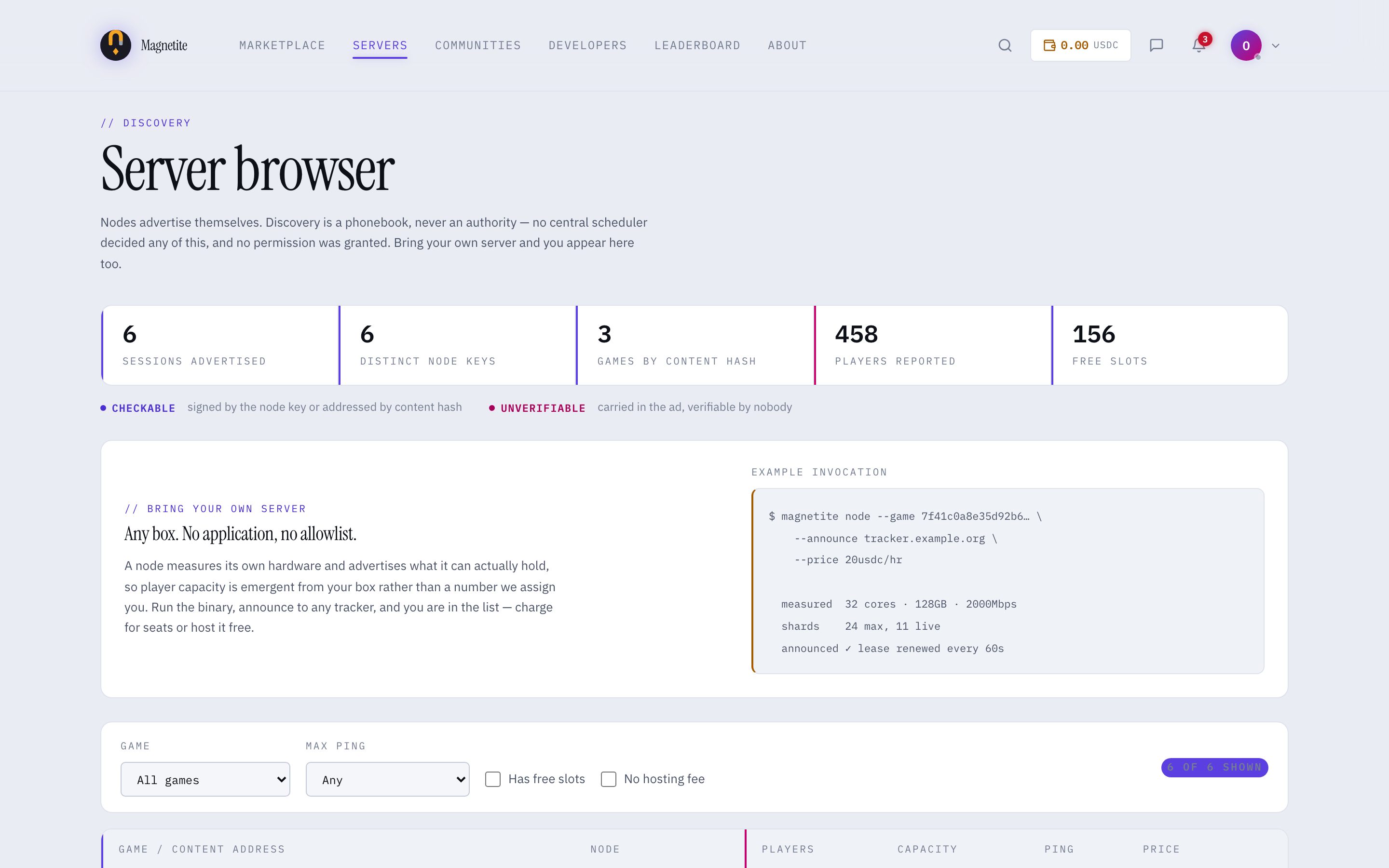 magnetite server browser listing discovered nodes by content hash, with a checkable-versus-unverifiable legend and an example node invocation