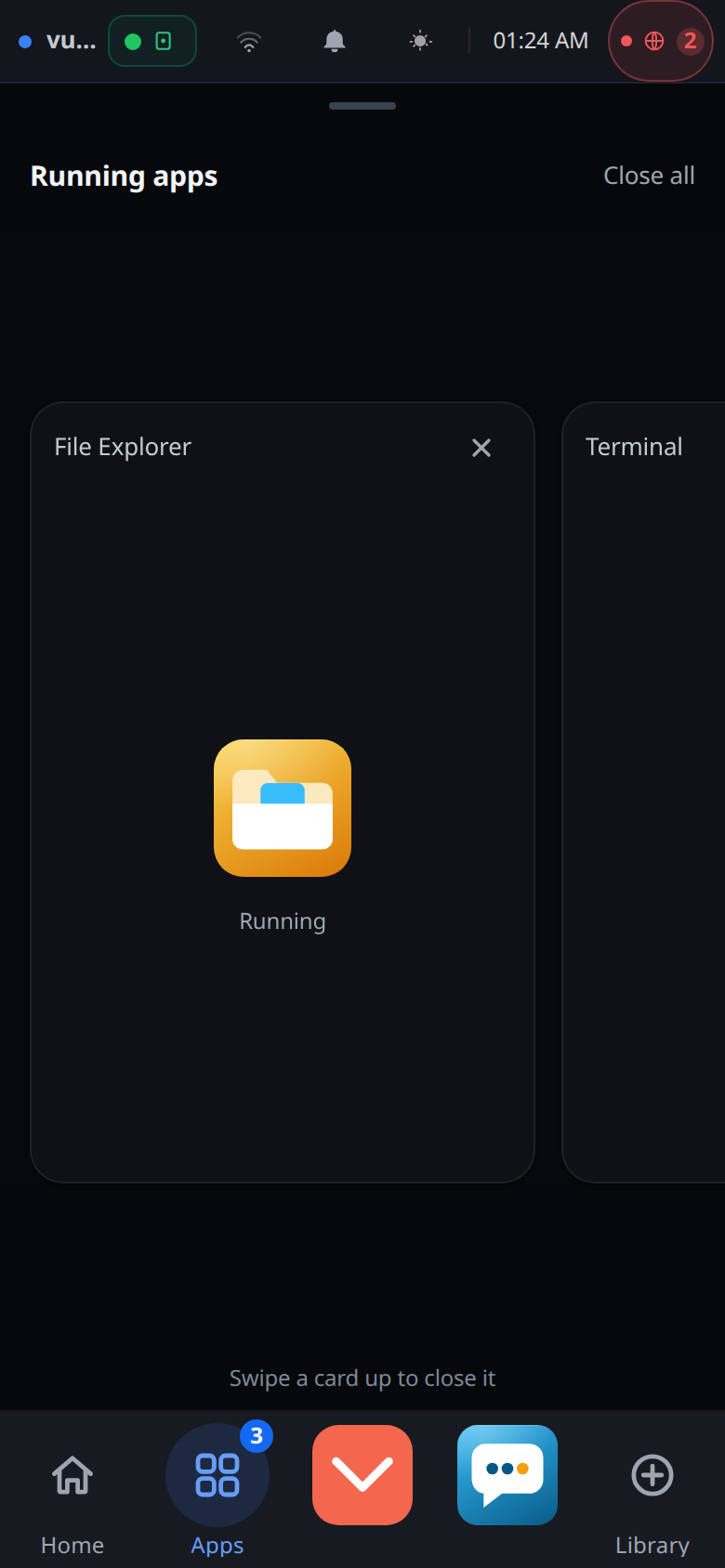 Vulos on a phone — the running-apps switcher, each open app a full-width card