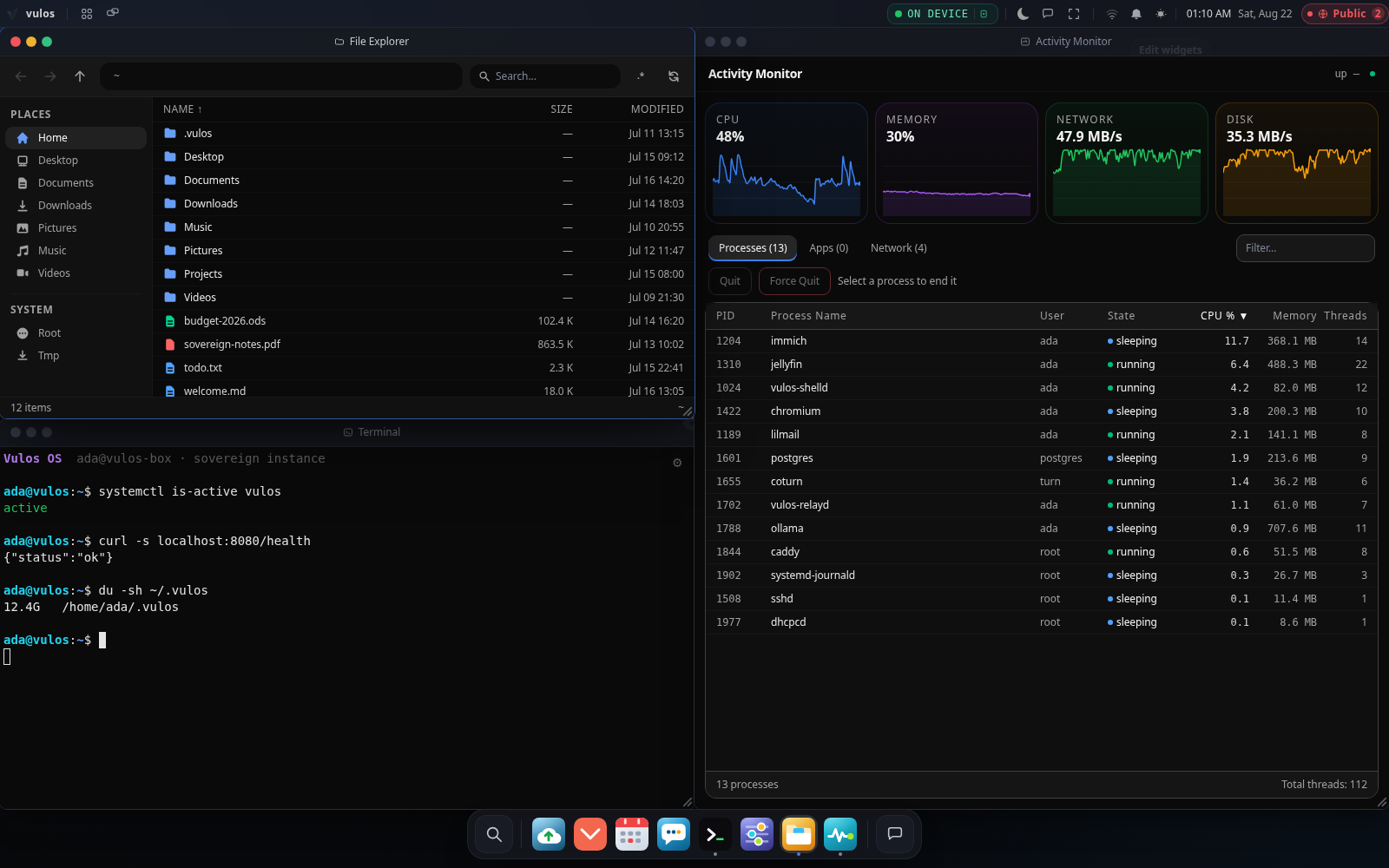 The Vulos desktop open in a browser tab — a file explorer and a terminal running vulos status on the left, an activity monitor listing running processes on the right, under a menu bar and above a dock