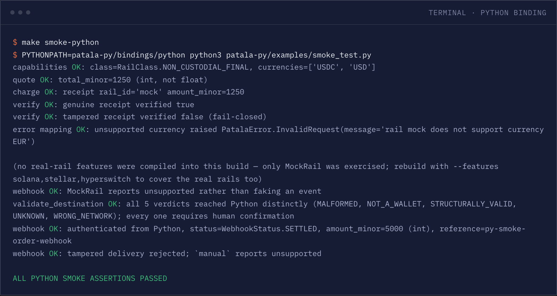 Terminal: the Python smoke test running under a real interpreter — capabilities, quote, charge, verify, tampered-receipt rejection, error mapping and webhook checks, all OK, ending ALL PYTHON SMOKE ASSERTIONS PASSED.